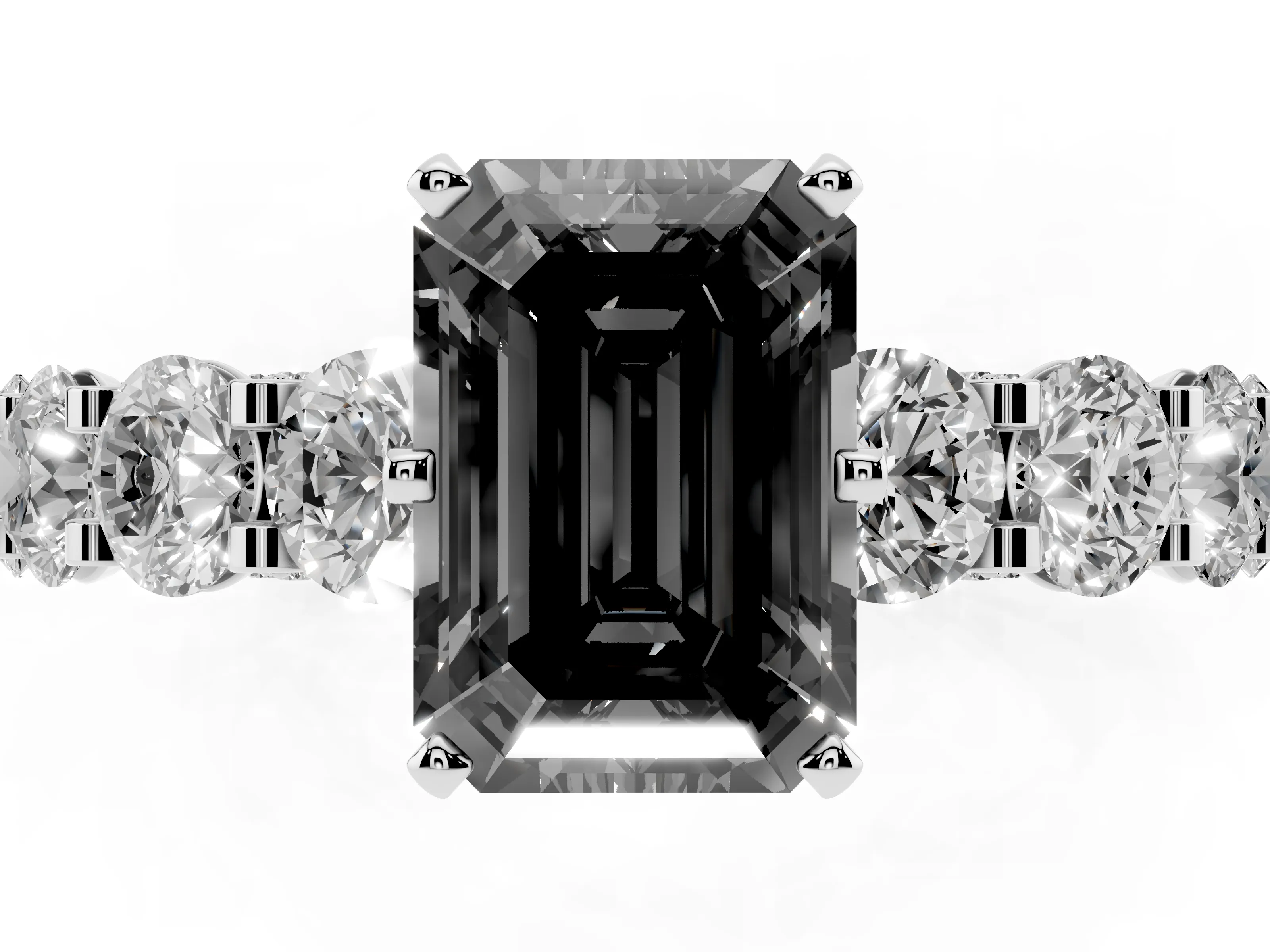 Fancy Black Emerald Cut Diamond Side Stone Ring Set in Silver with Alternating Round and Oval Side Stones