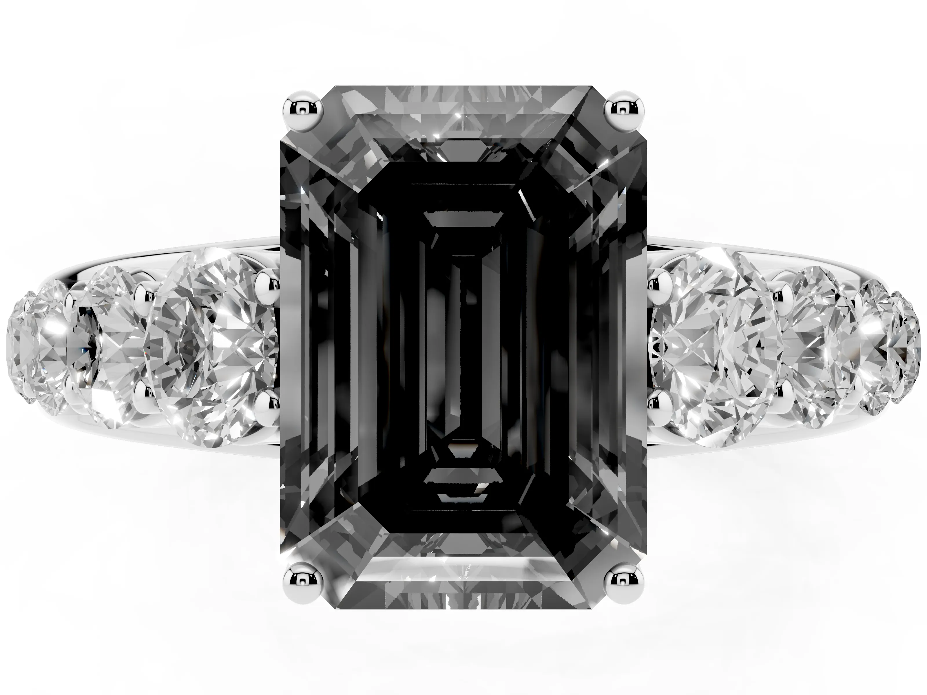 Fancy Black Emerald Cut Diamond Solitaire Ring Set in Platinum with Pavé-Set Band and Prong Setting