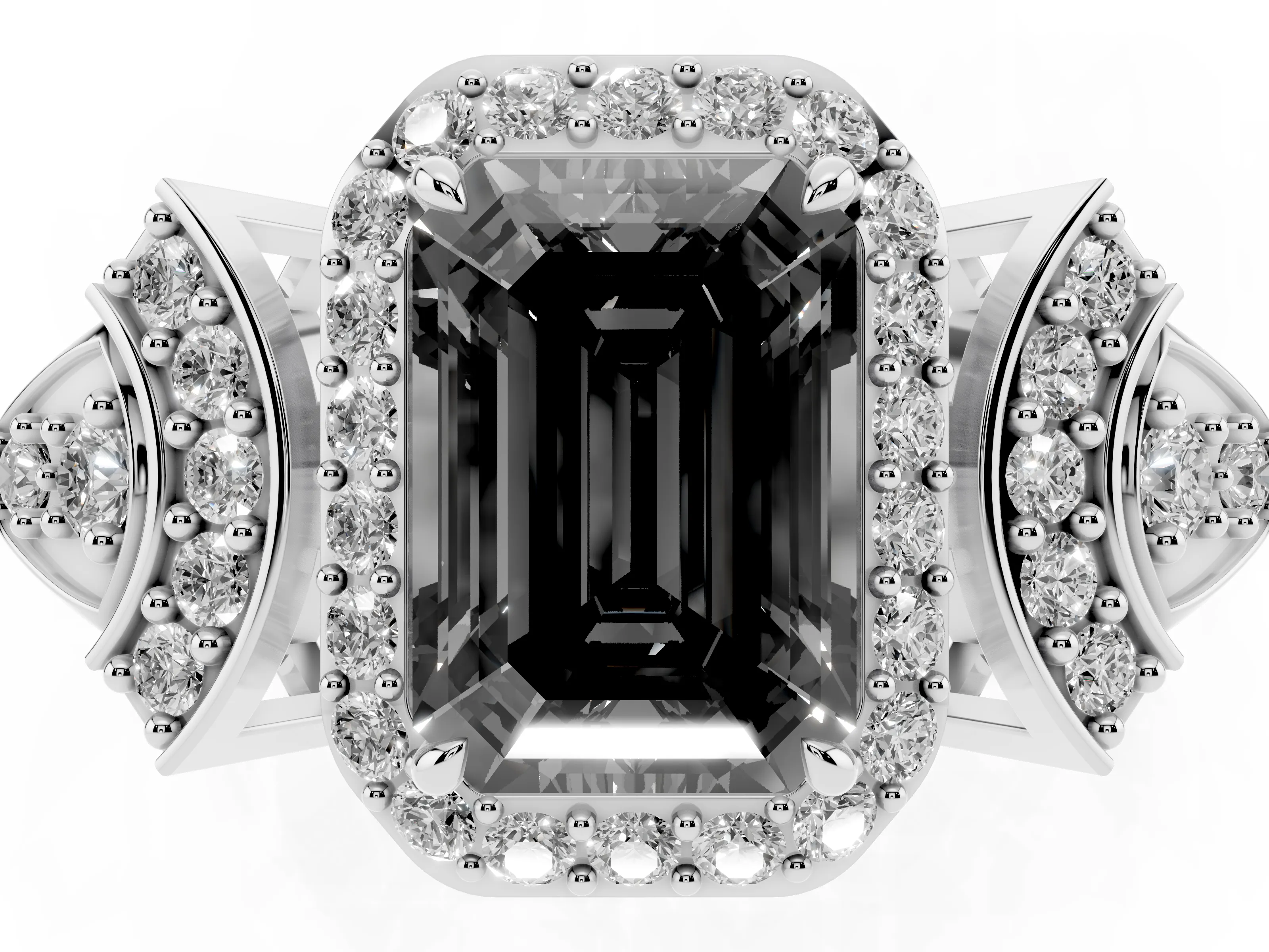 Fancy Black Emerald Cut Diamond Halo Engagement Ring Set in Silver with Accent Stone Split Shank