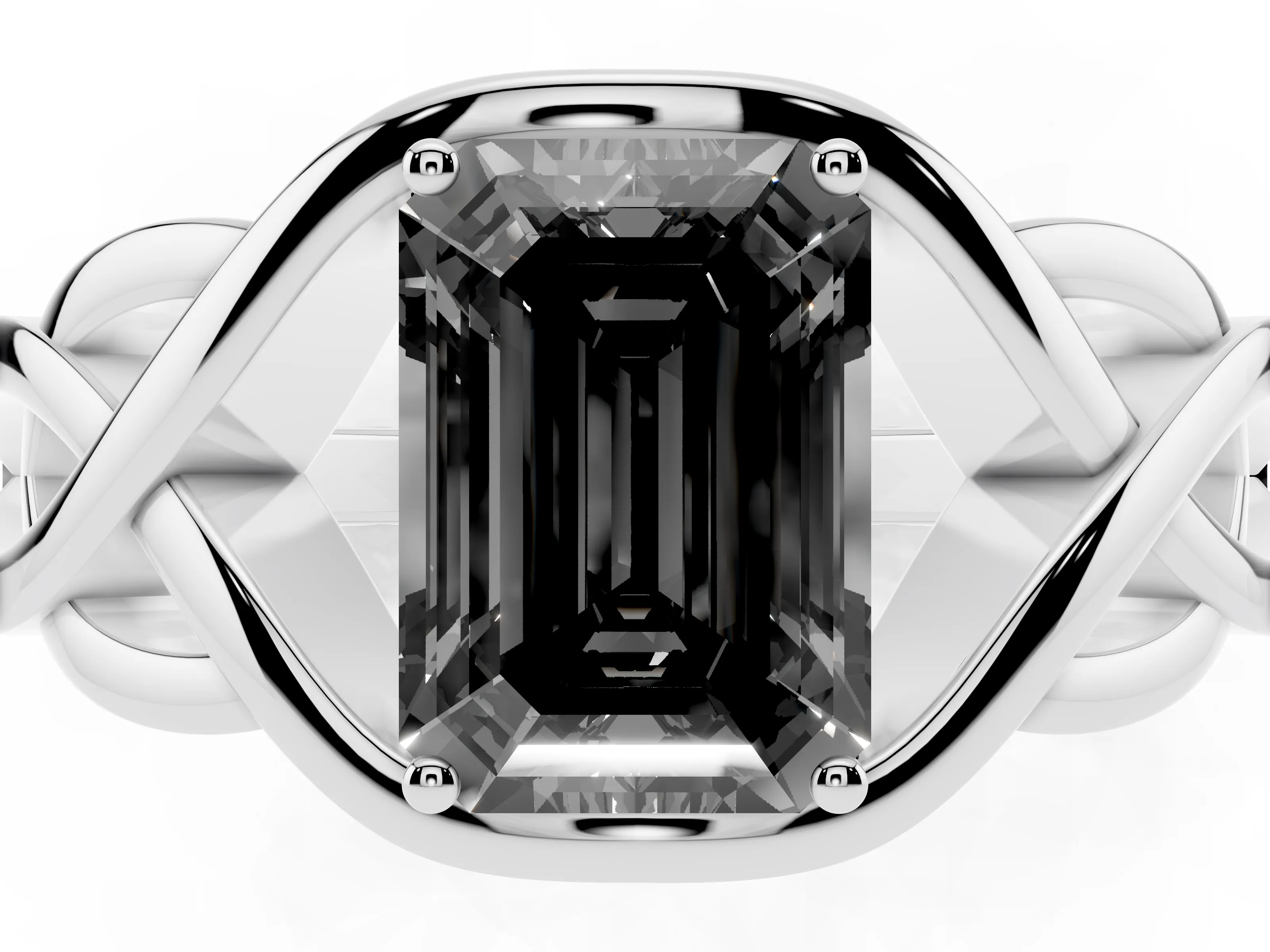 Fancy Black Emerald Cut Diamond Solitaire Ring Set in Platinum with Intertwined Band