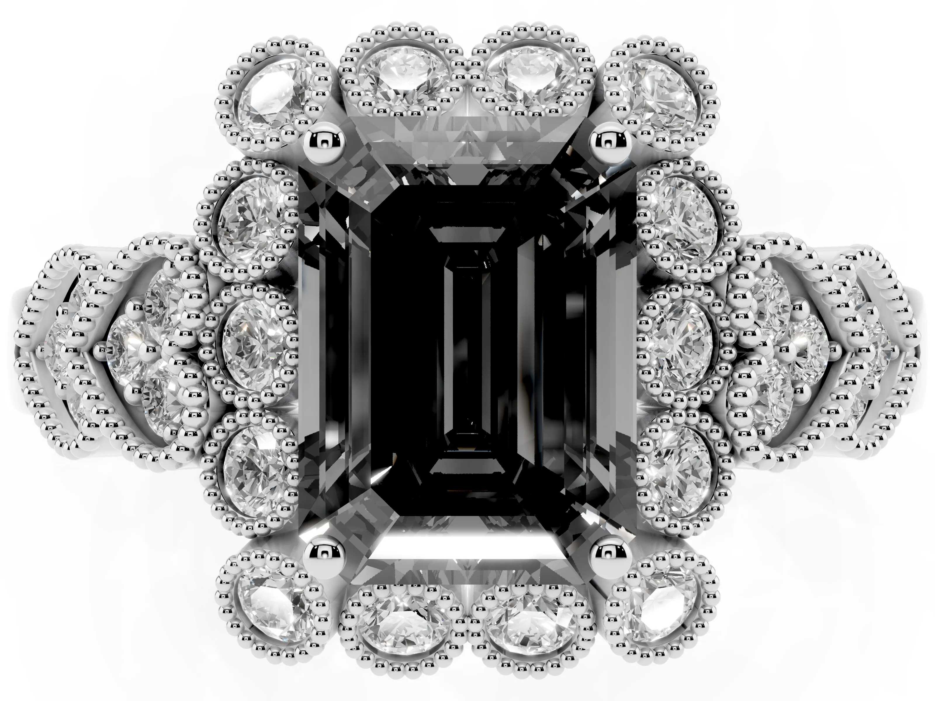 Fancy Black Emerald Cut Diamond Solitaire Ring Set in White gold with Milgrain Pavé Heart Band