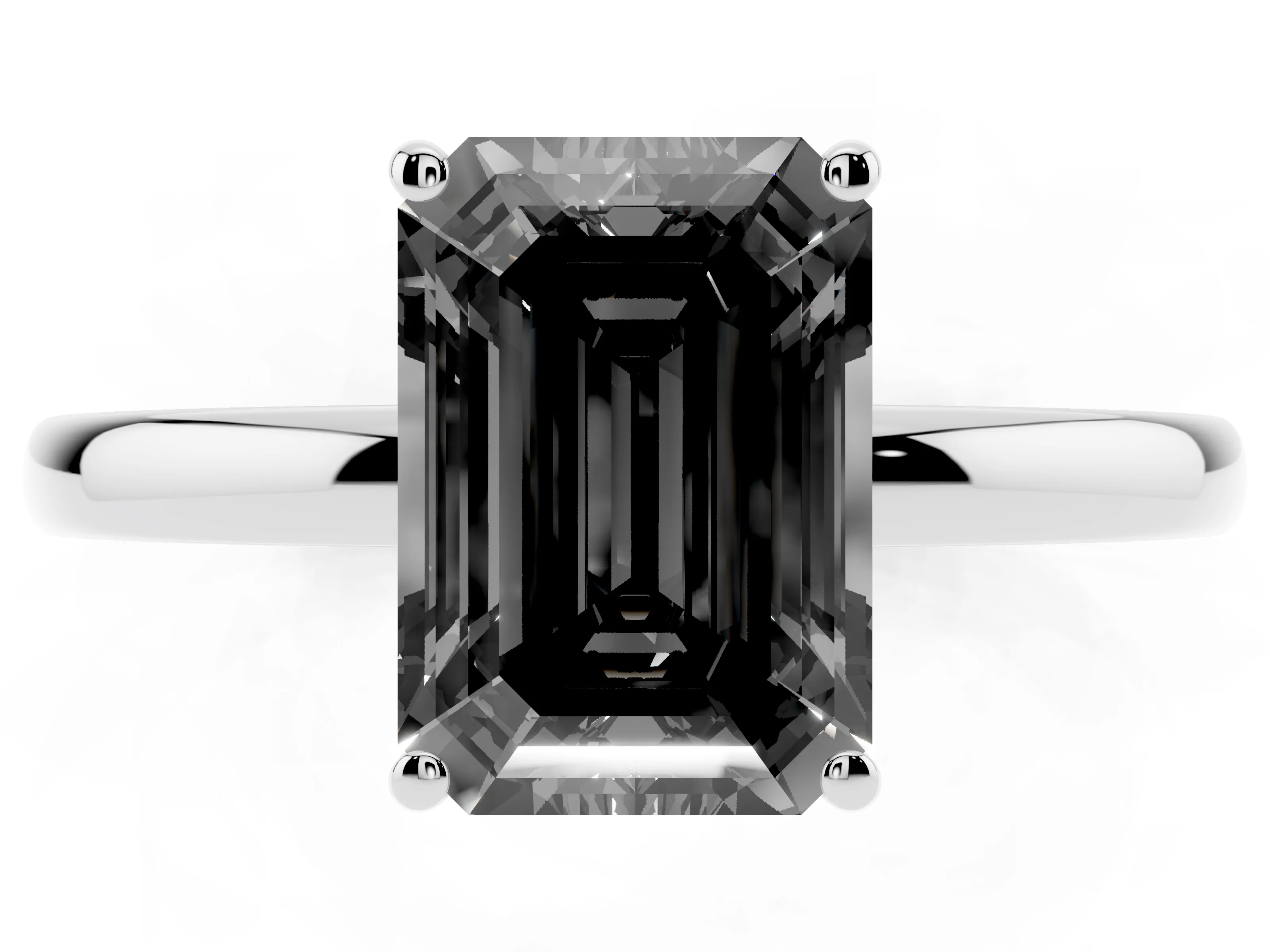 Fancy Black Emerald Cut Diamond Solitaire Ring Set in Platinum with Plain Band and Prong Setting