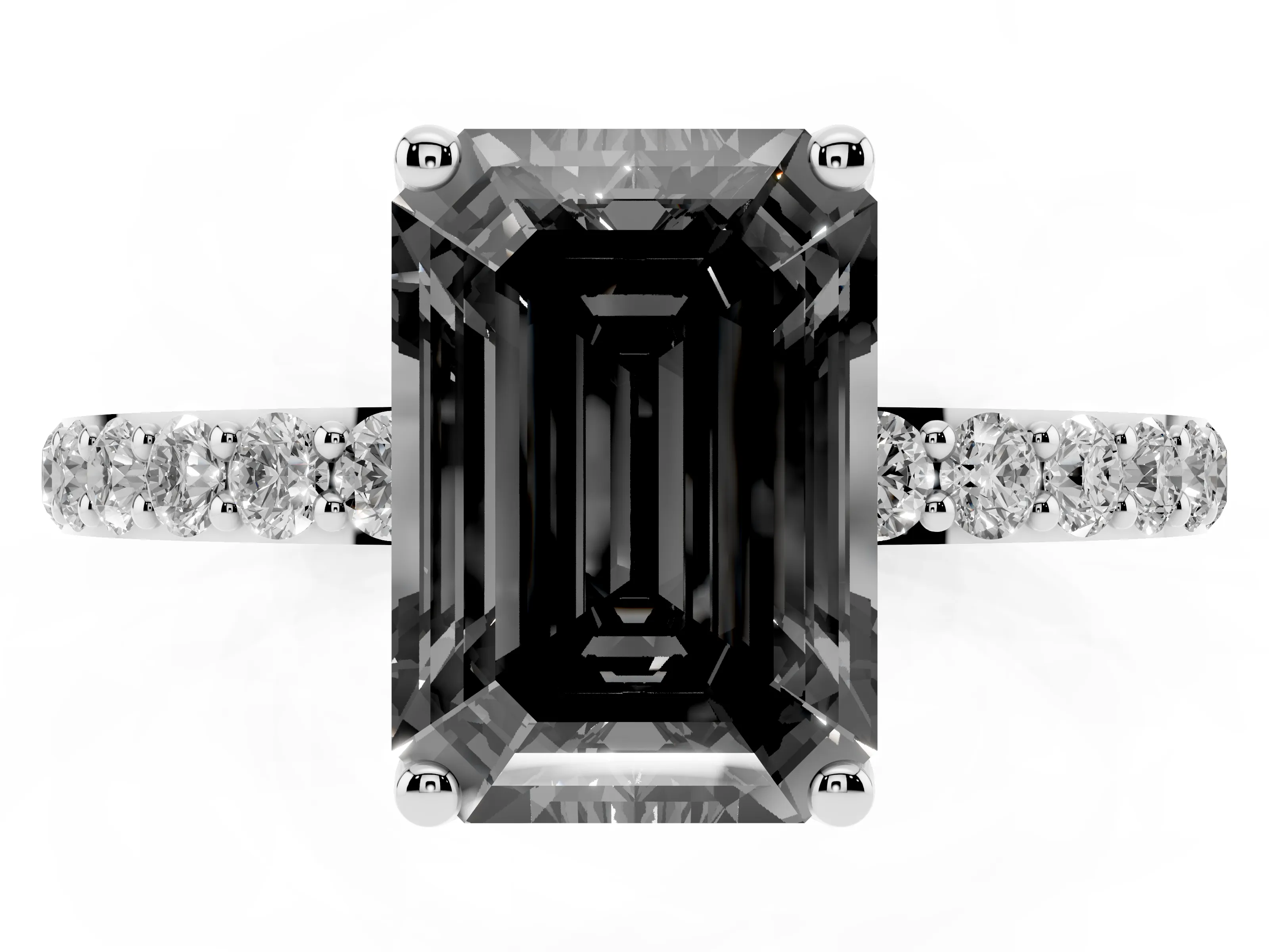 Fancy Black Emerald Cut Diamond Solitaire Engagement Ring Set in Platinum with Round Pavé Band and Prong Setting