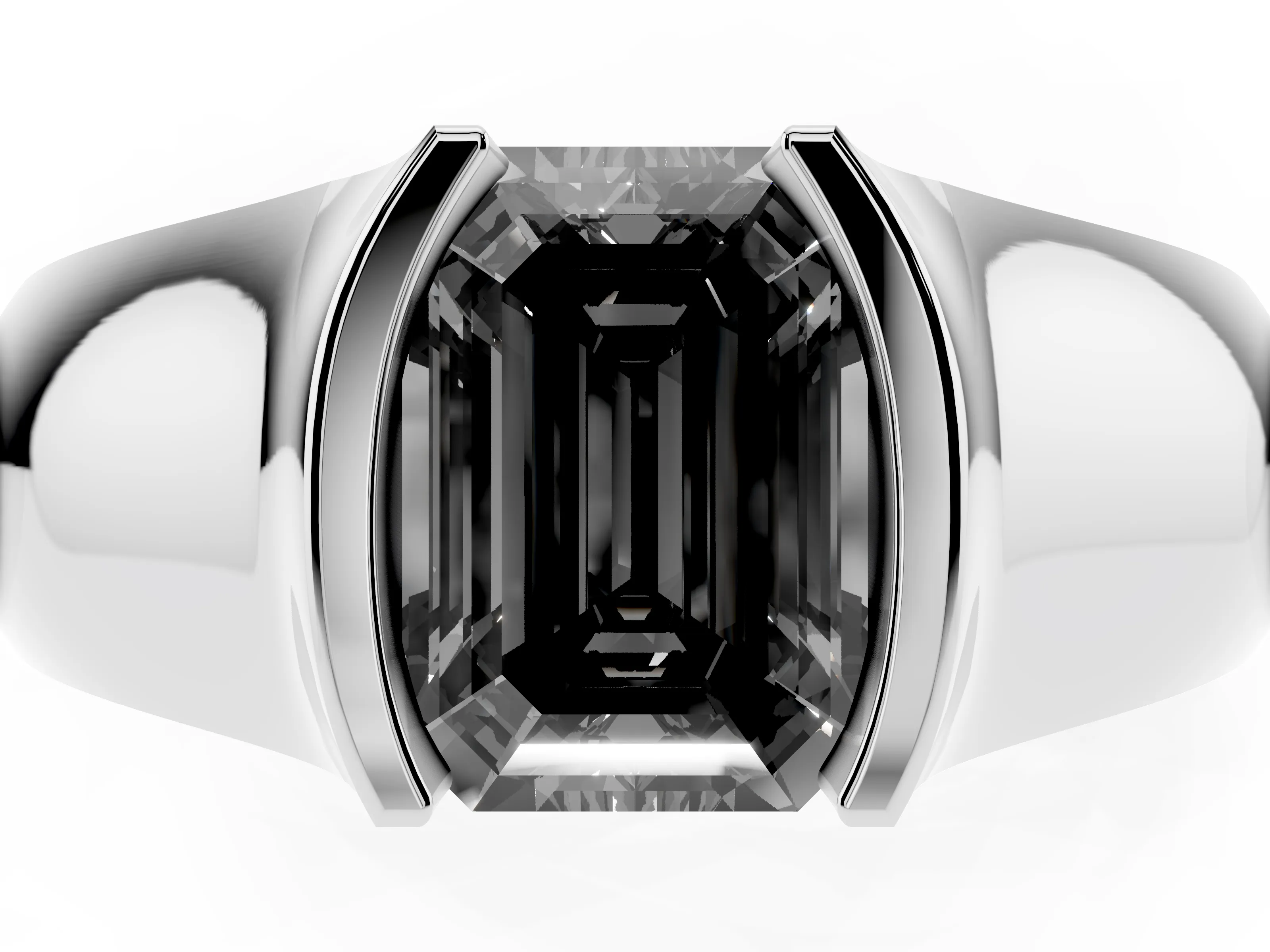 Fancy Black Emerald Cut Diamond Bezel Solitaire Ring Set in Silver with Wide Band