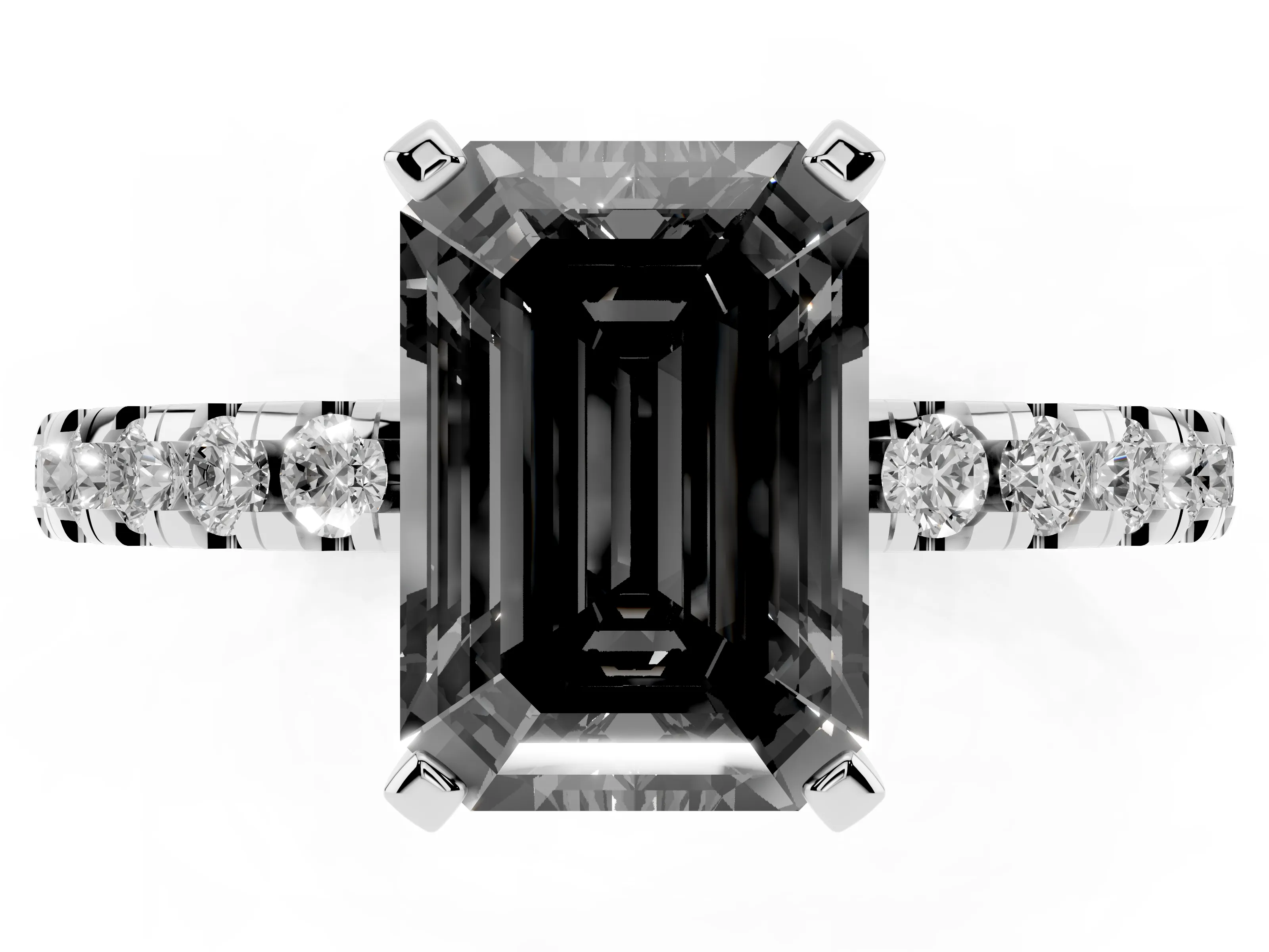 Fancy Black Emerald Cut Diamond Pavé Solitaire Ring Set in White gold with Round Band Accents and Prong Setting