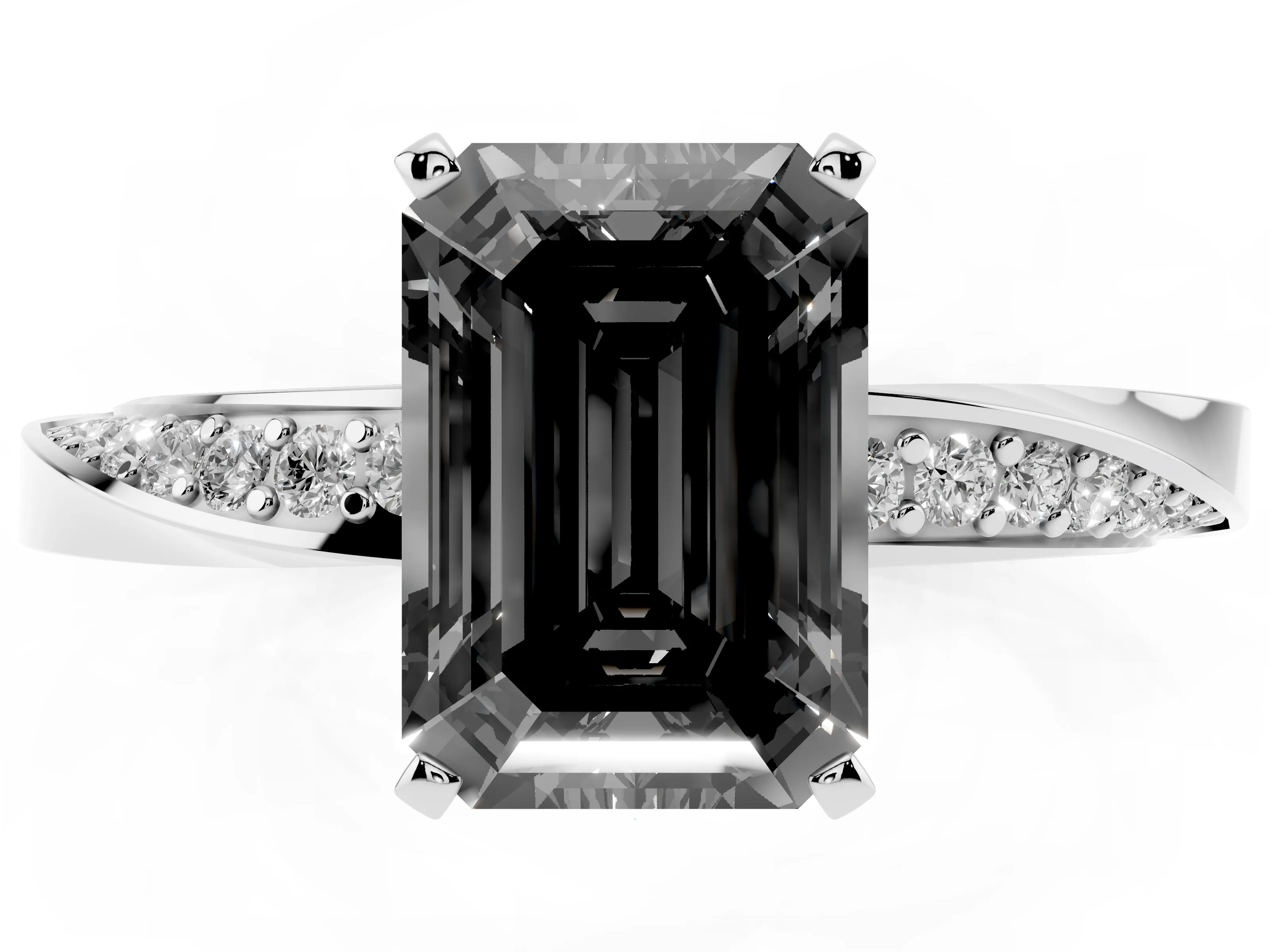 Fancy Black Emerald Cut Diamond Engagement Ring Set in Platinum with Side Stone Accents and Prong Setting