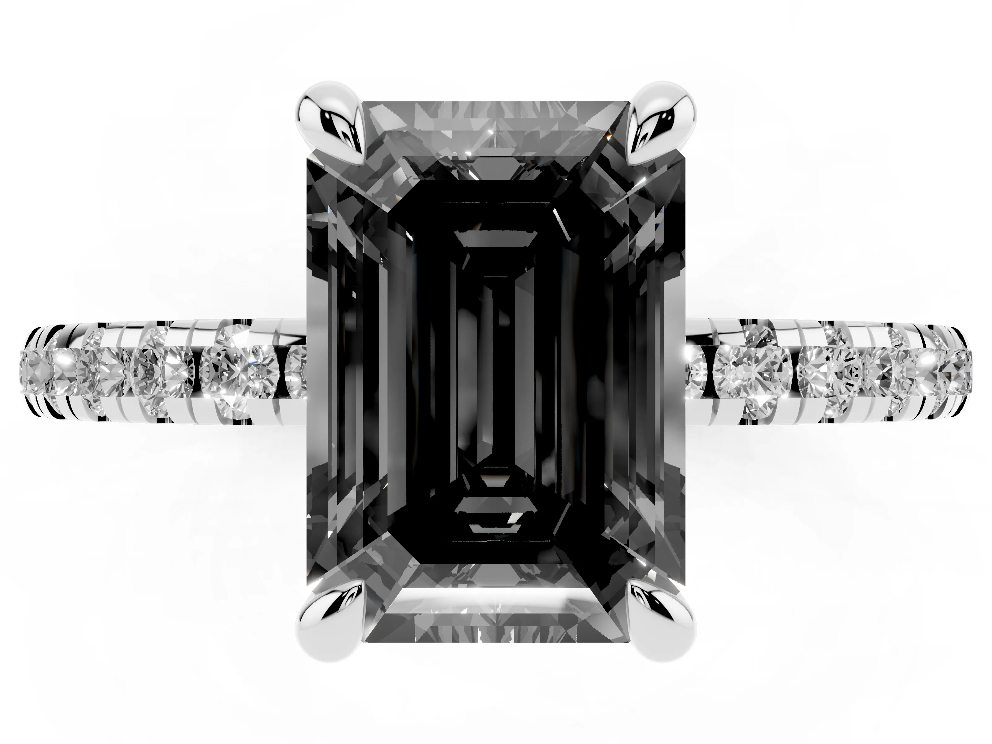 Fancy Black Emerald Cut Diamond Brilliant Solitaire Ring Set in White gold with Pavé Band and Prong Setting