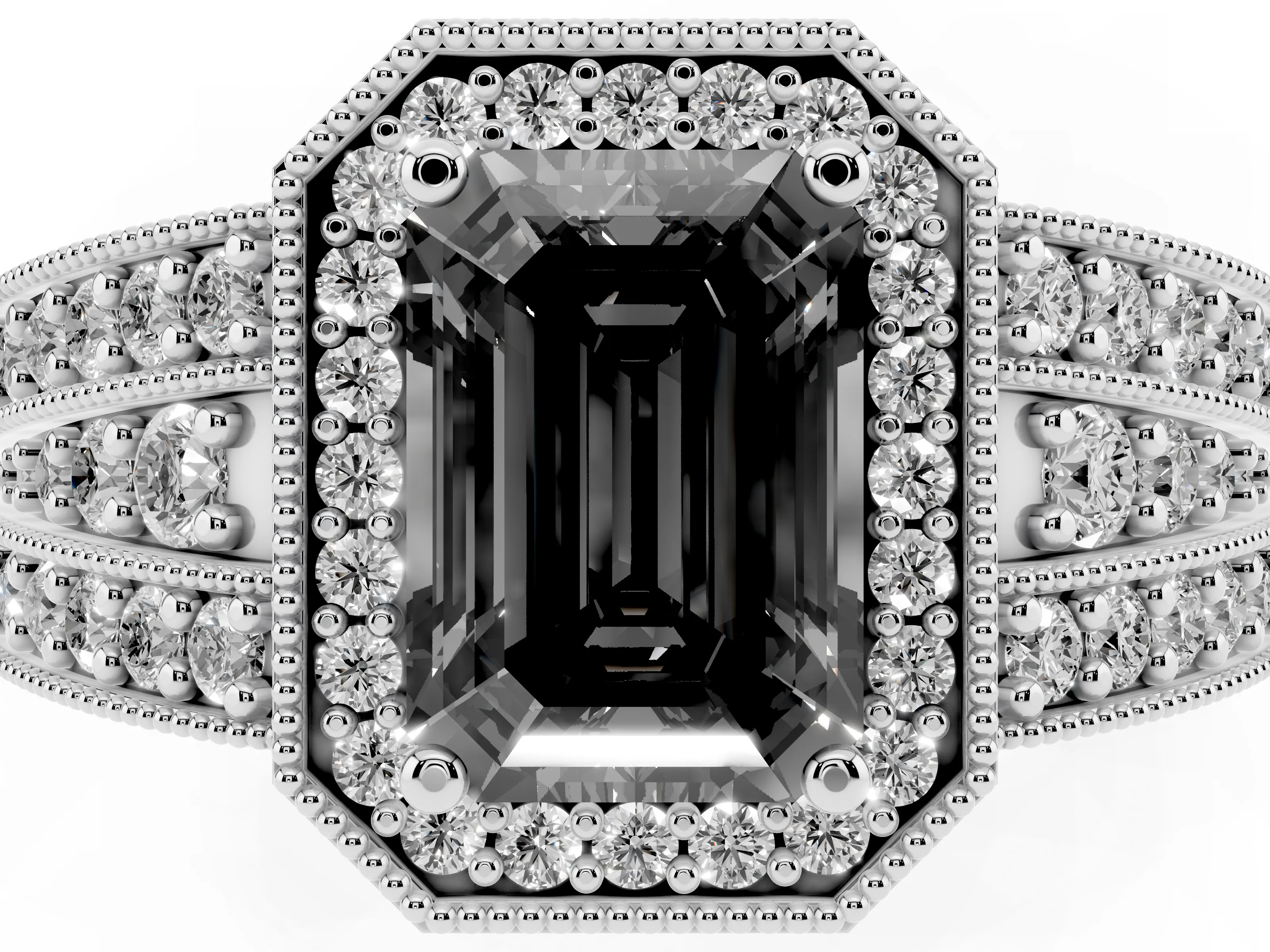 Fancy Black Emerald Cut Diamond Halo Ring Set in Silver with Accent Split Shank and Prong Setting