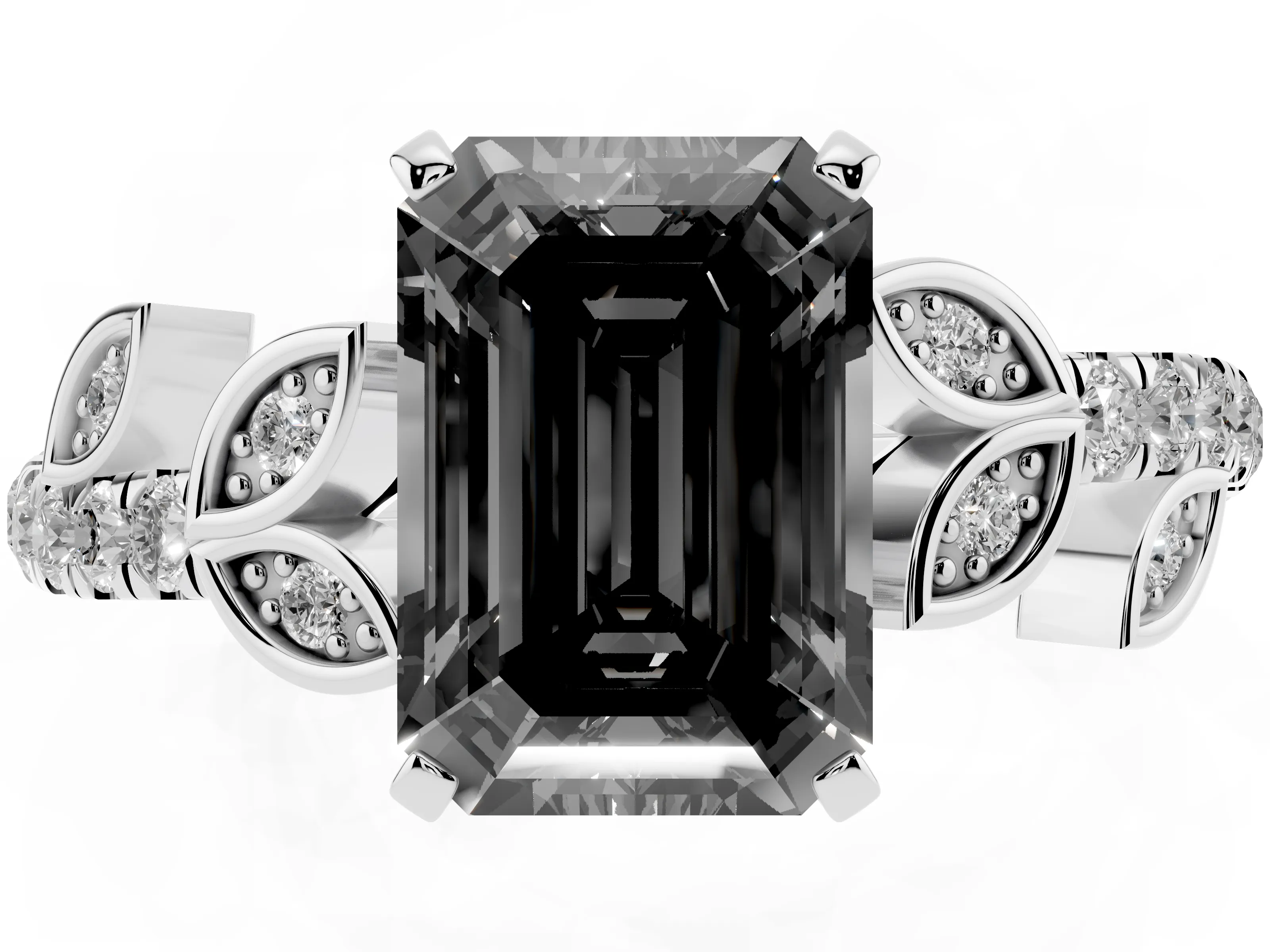 Fancy Black Emerald Cut Diamond Solitaire Leaf-Inspired Ring Set in Platinum with Pavé Band and Prong Setting