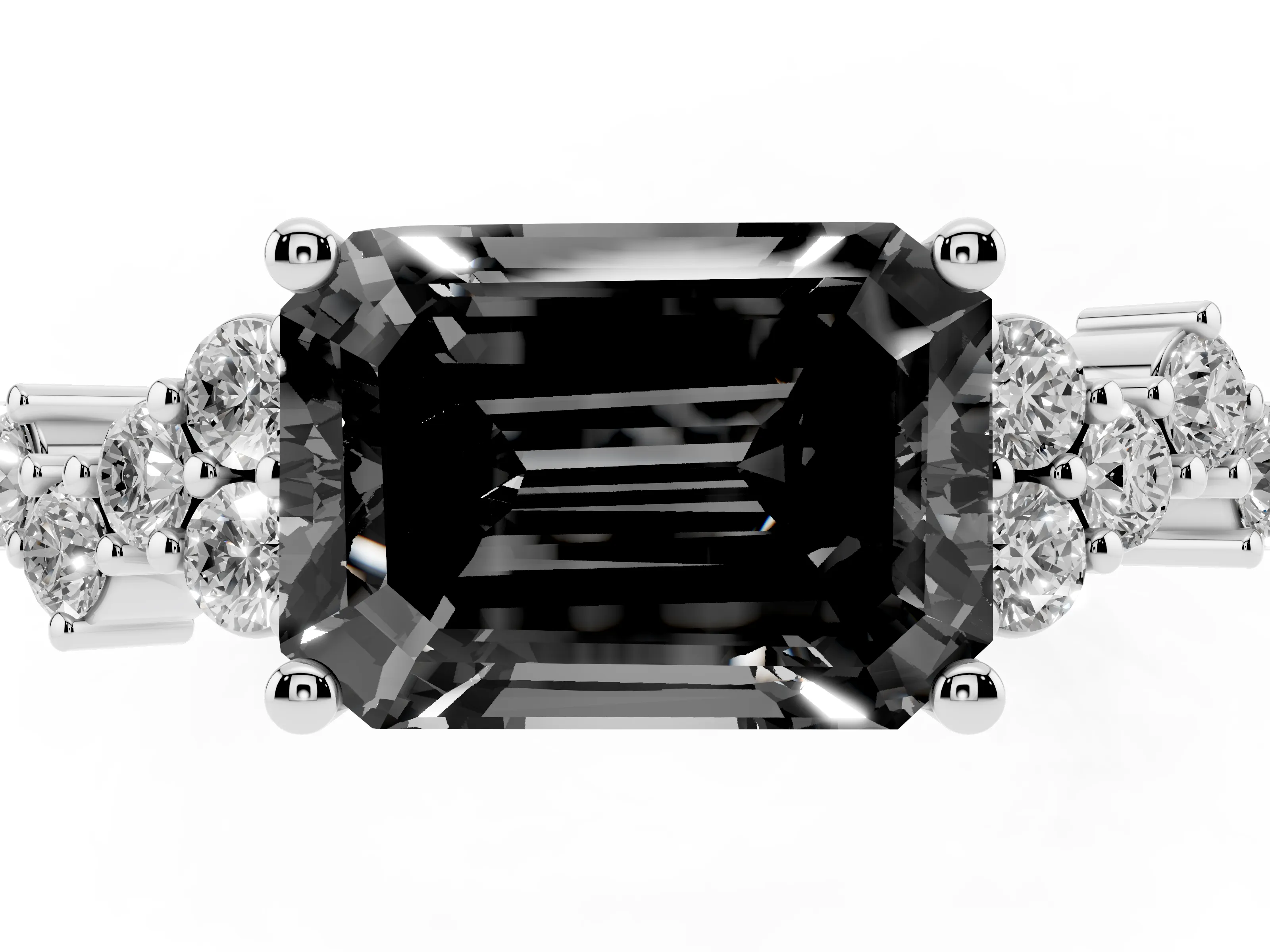 Fancy Black Emerald Cut Diamond Ring Set in Silver with Scattered Round Accents