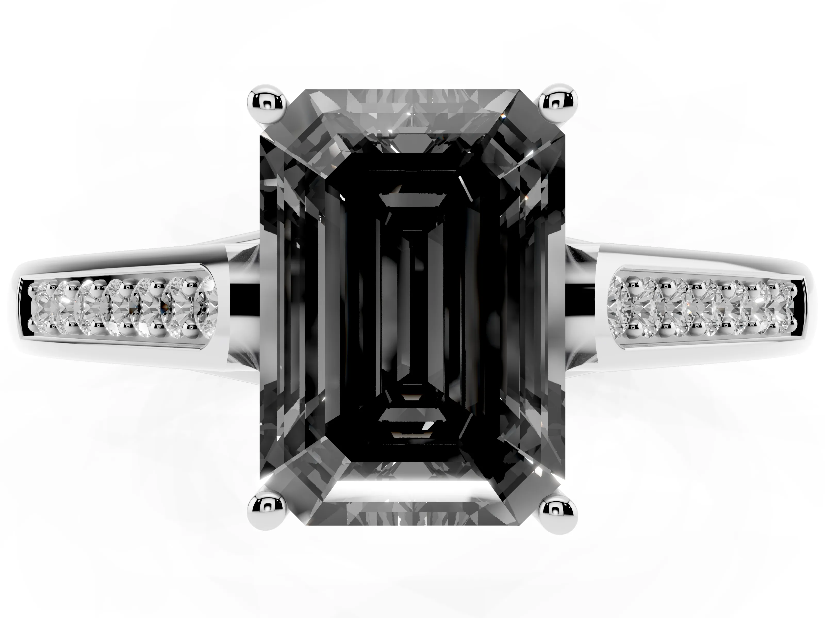 Fancy Black Emerald Cut Diamond Solitaire Cathedral Engagement Ring Set in White gold with Channel-Set Band and Prong Setting