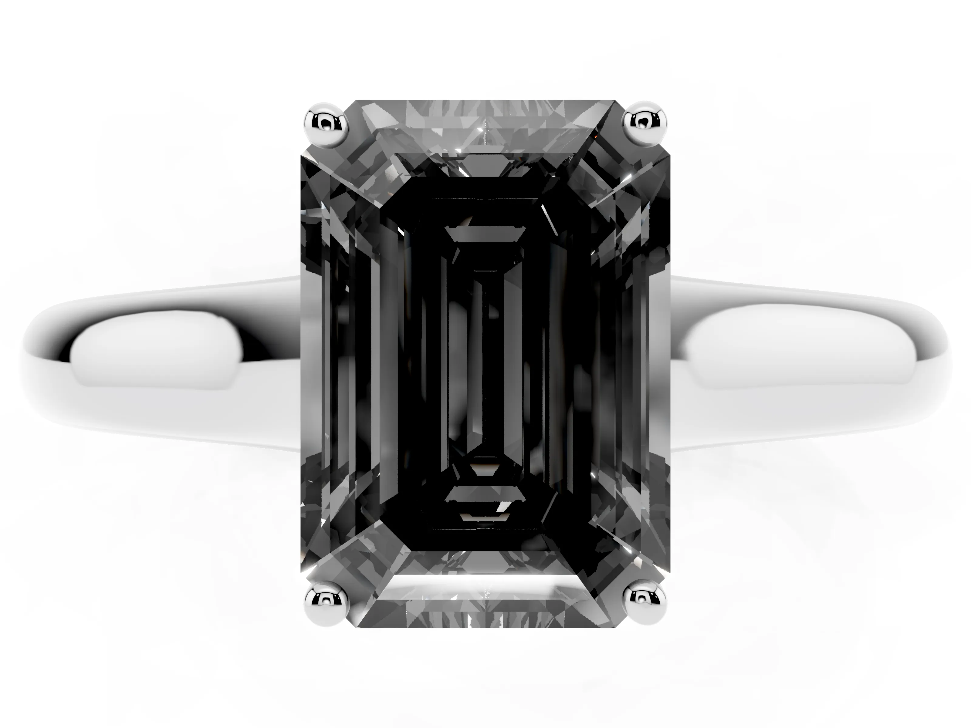 Fancy Black Emerald Cut Diamond Solitaire Engagement Ring Set in Platinum with Subtly Tapered Band and Prong Setting