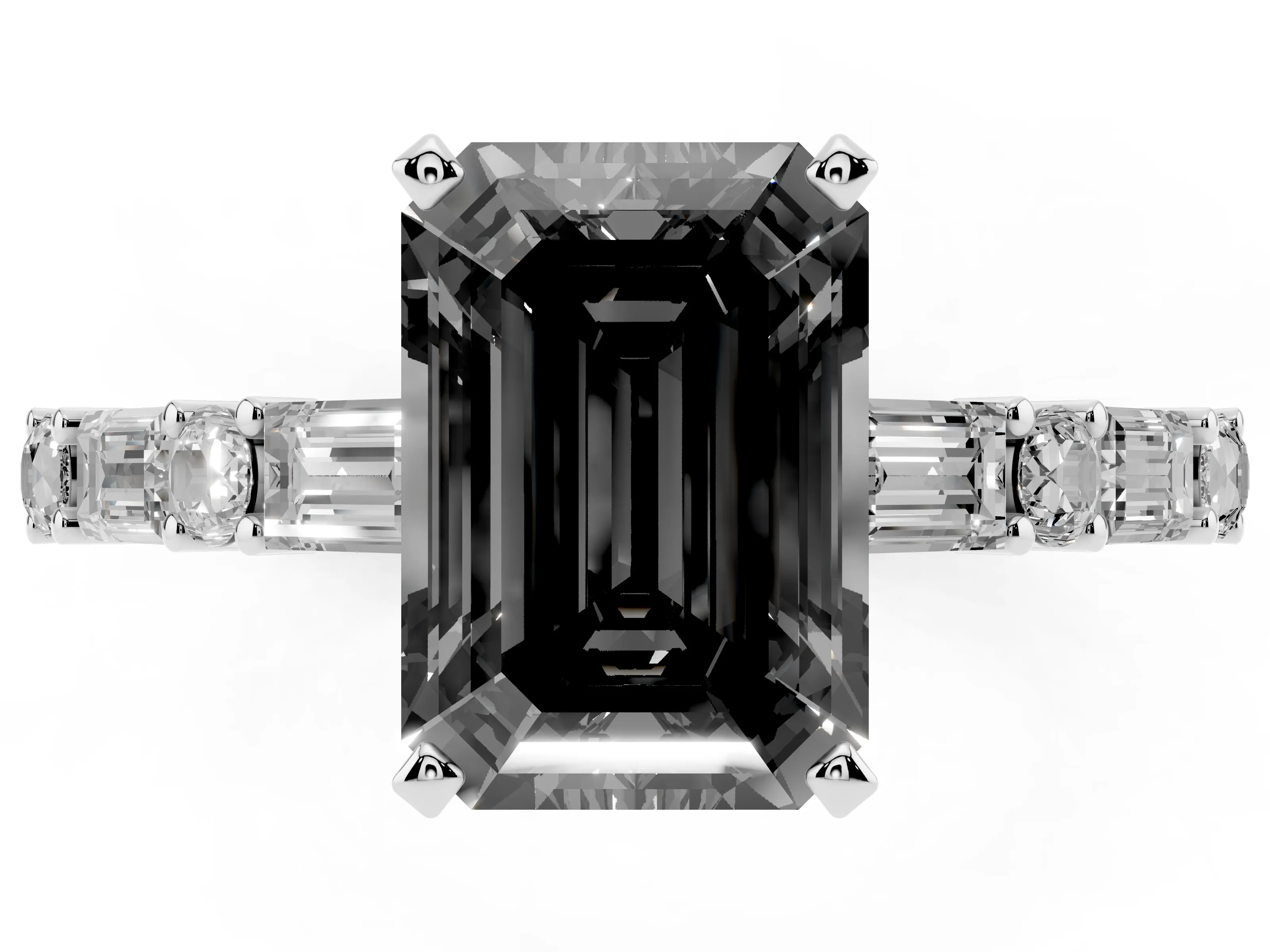 Fancy Black Emerald Cut Diamond Solitaire Set in Silver with Side Baguettes and Channel Set Band