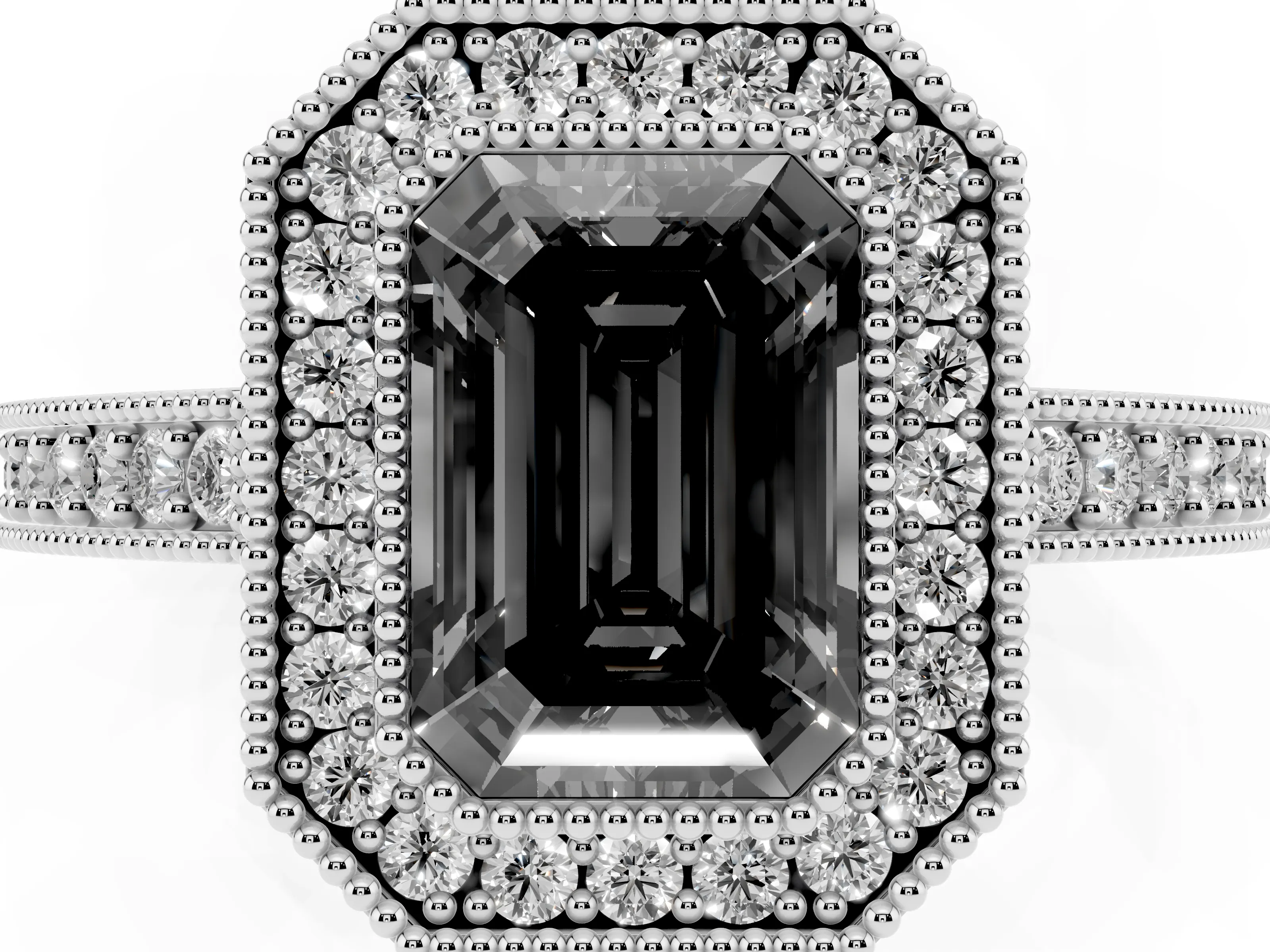 Fancy Black Emerald Cut Diamond Halo Engagement Ring Set in Platinum with Pavé Band and Round Halo Stones