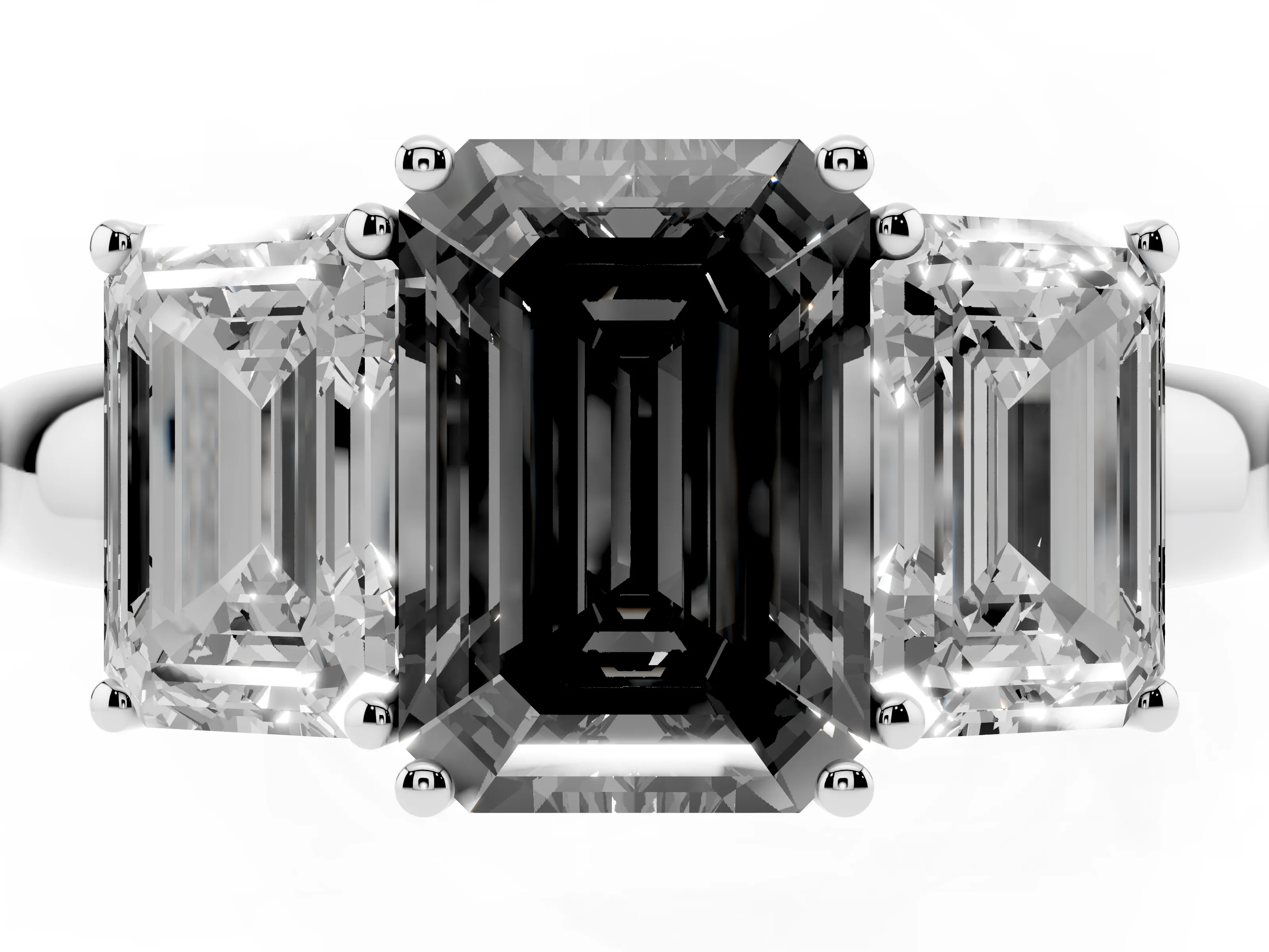 Fancy Black Emerald Cut Diamond Three-Stone Ring Set in Silver with Bold Center and Classic Band