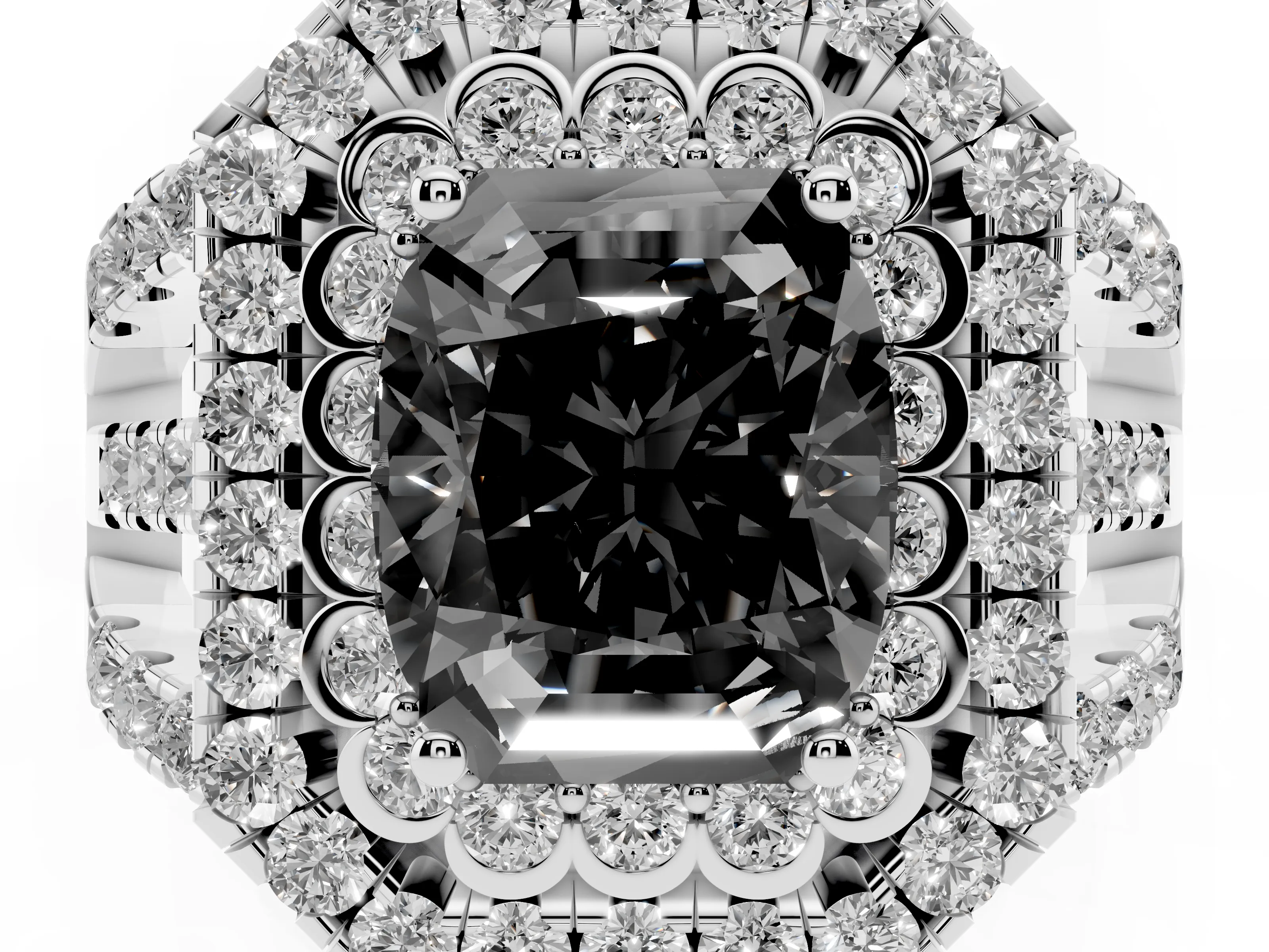 Fancy Black Emerald Cut Diamond Double Halo Ring Set in Silver with Round Pavé Split Shank