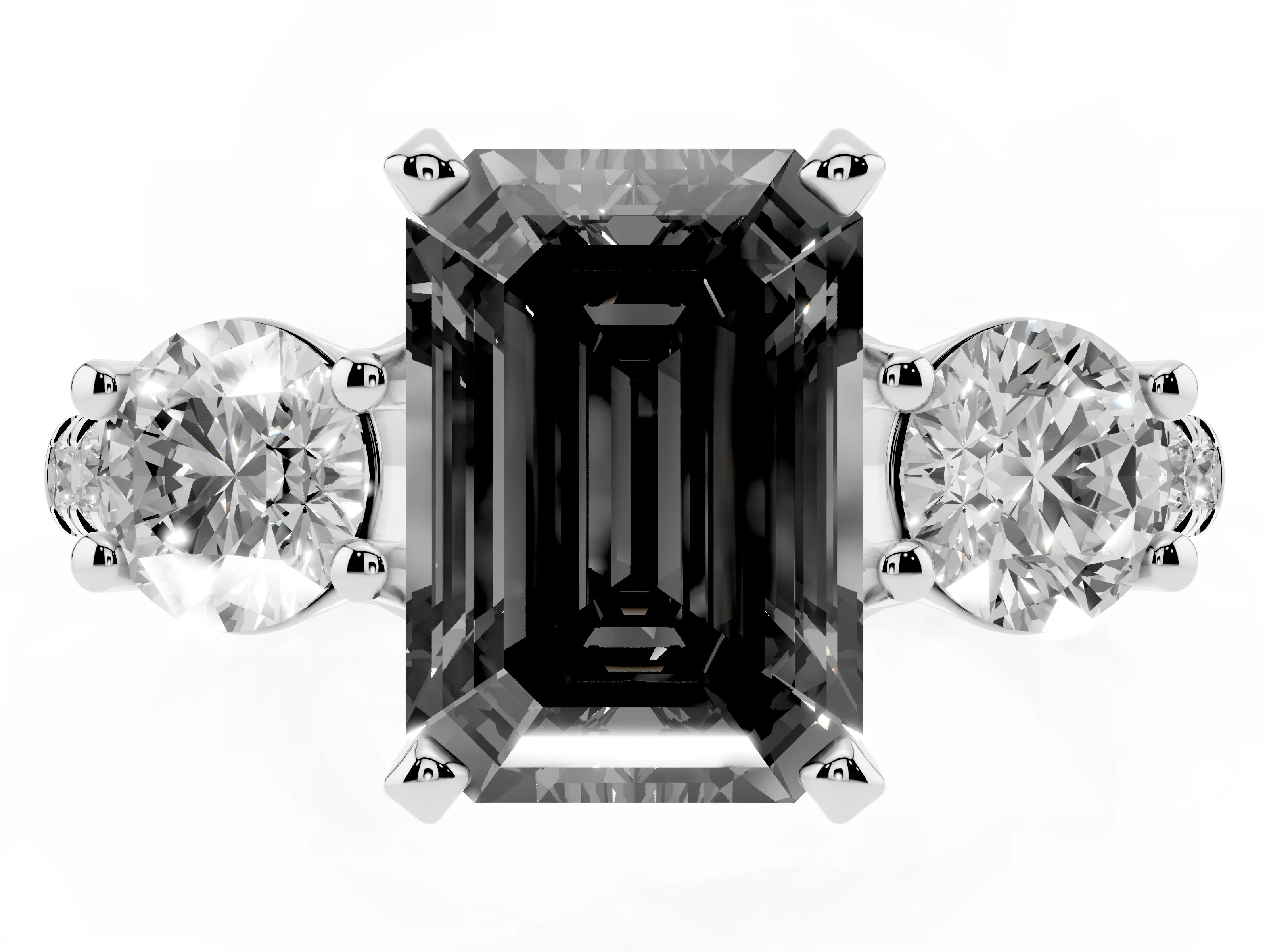 Fancy Black Three-Stone Emerald Cut Diamond Pavé Band Ring Set in Platinum with Prong-Set Trio