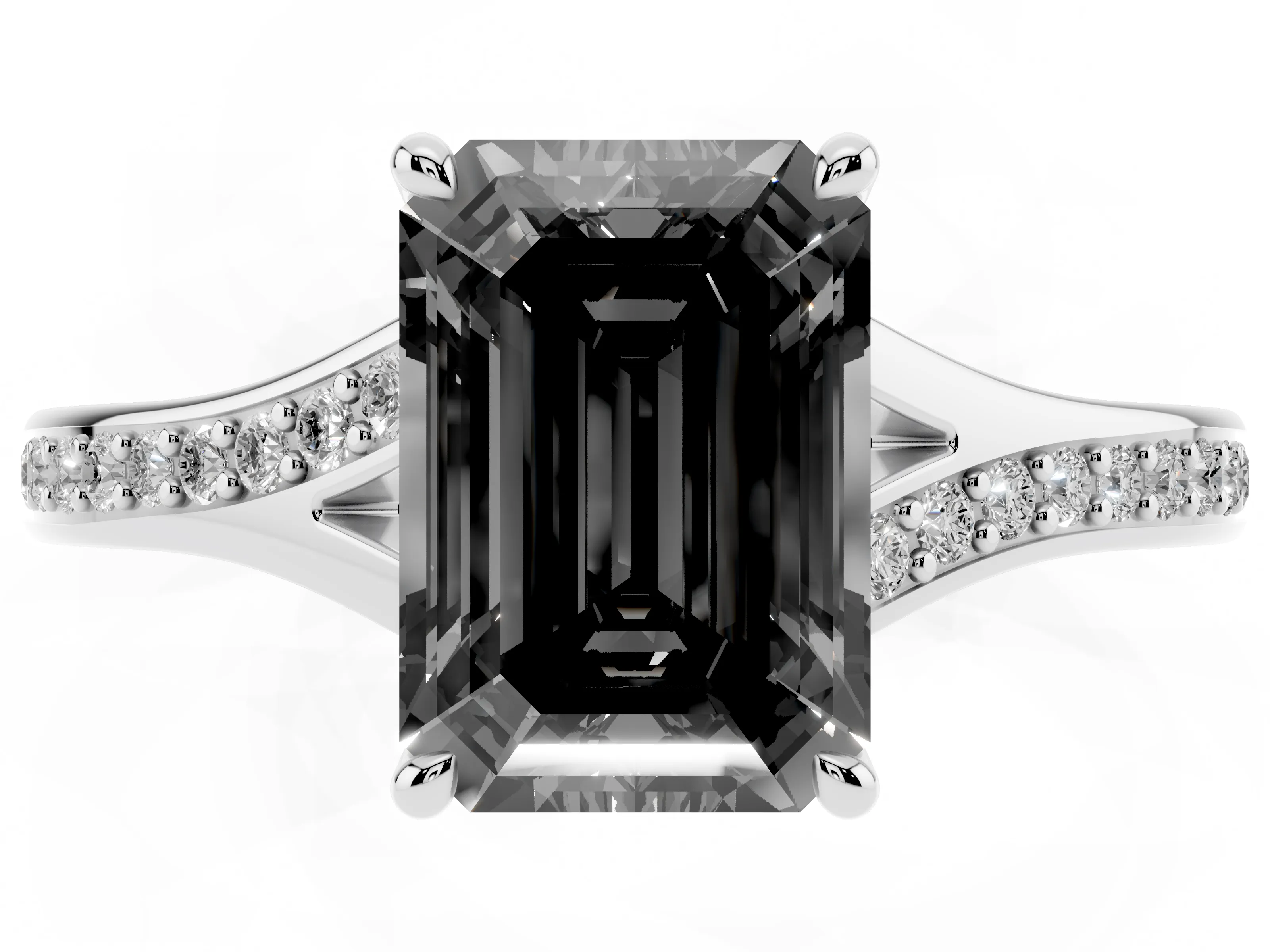 Fancy Black Emerald Cut Diamond Solitaire Ring Set in Platinum with Pavé Accent Band and Classic Prong Setting