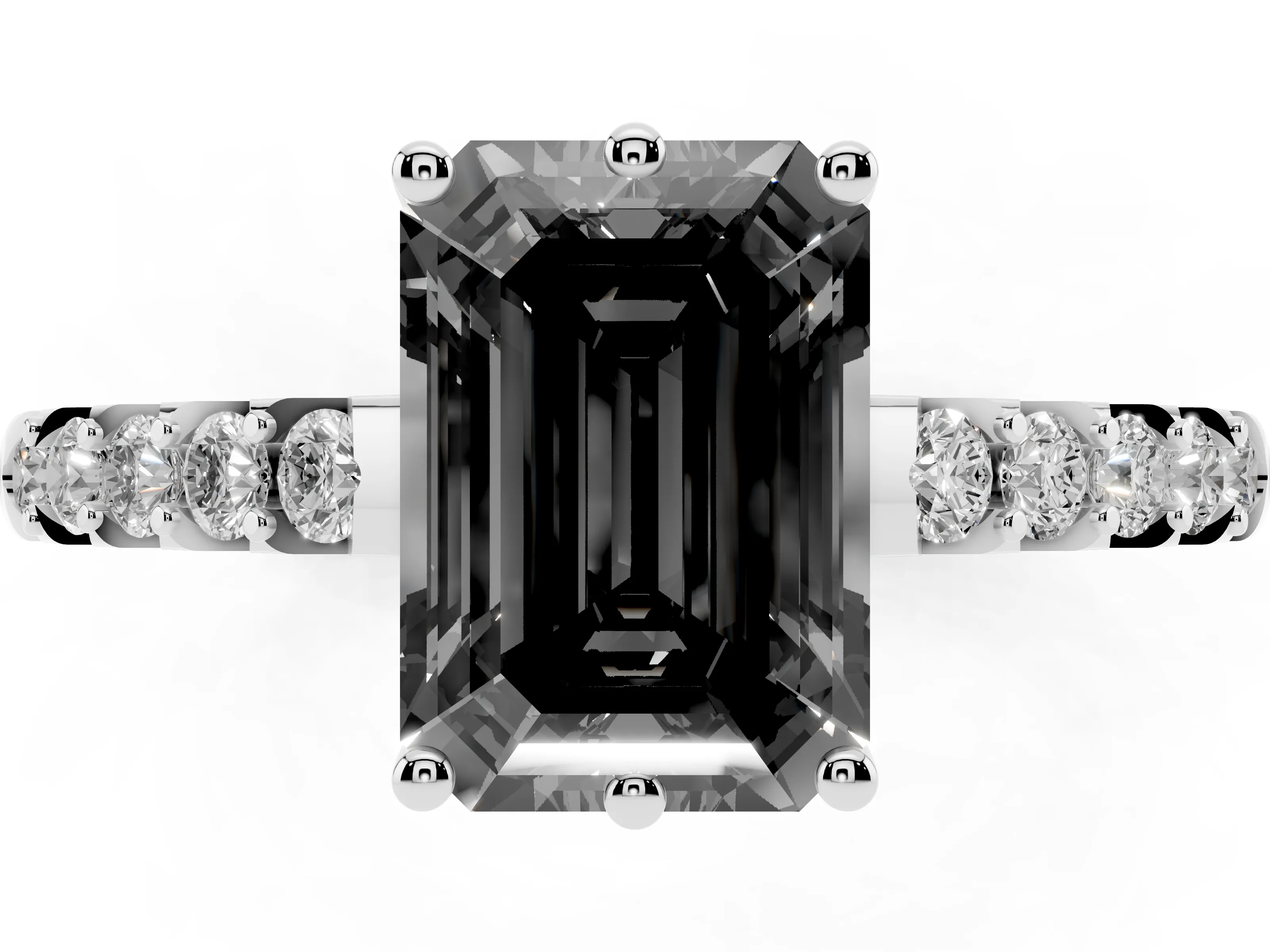 Fancy Black Emerald Cut Diamond Solitaire Engagement Ring Set in White gold with Pavé Band and Prong Setting