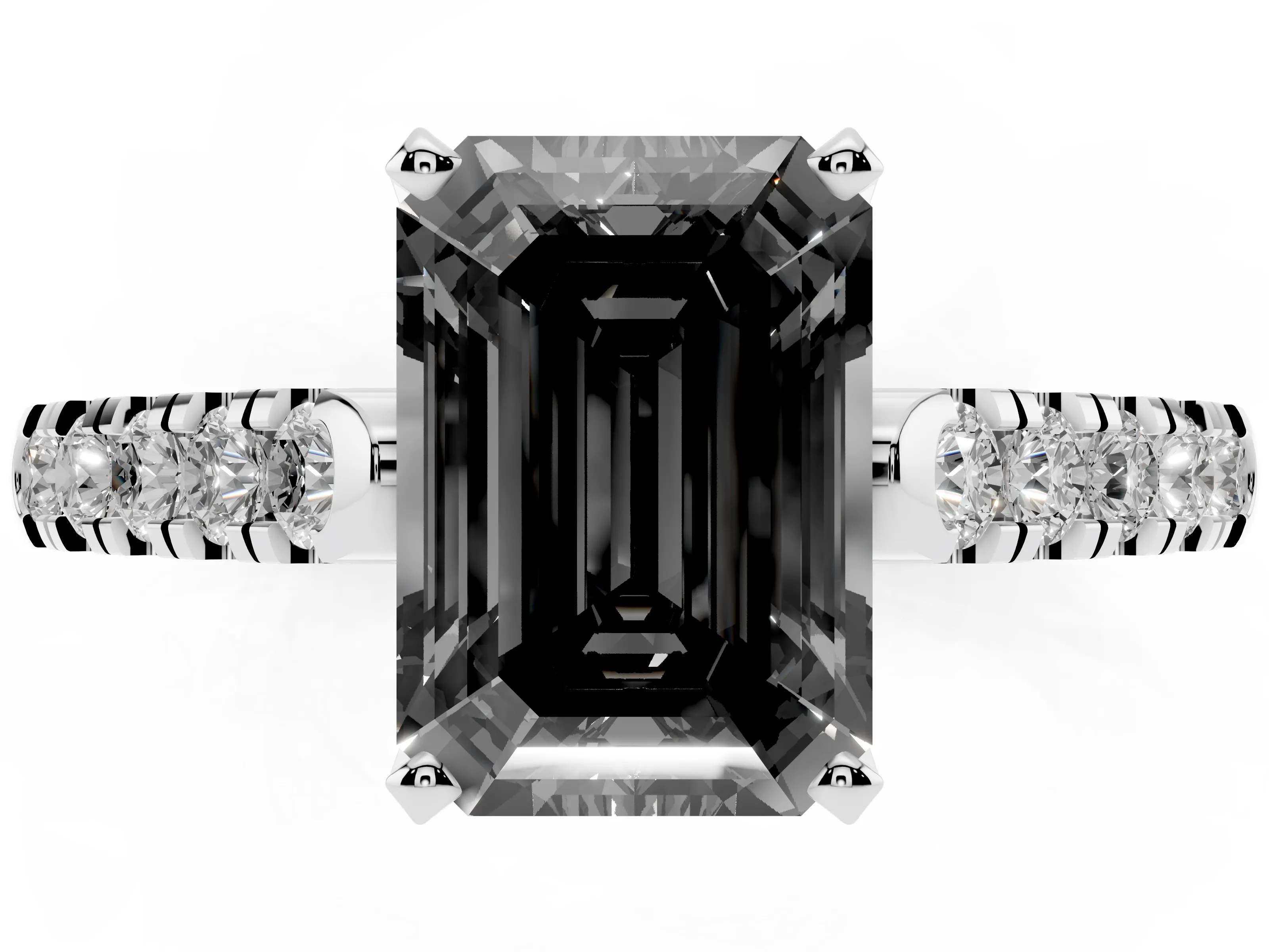 Fancy Black Emerald Cut Diamond Pavé Band Solitaire Ring Set in Platinum with Partway Accent Stones and Prong Setting