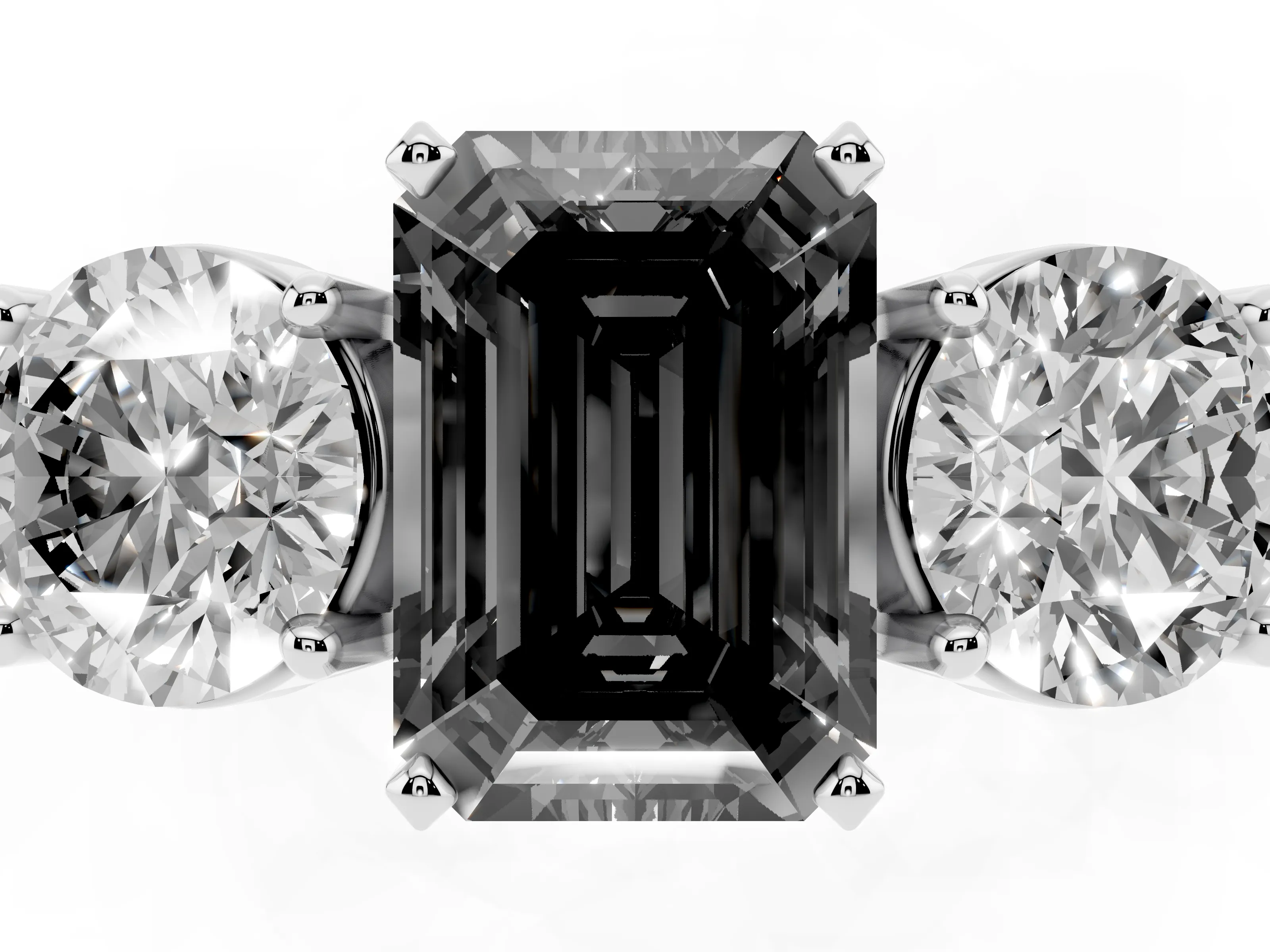 Fancy Black Emerald Cut Diamond Three-Stone Ring Set in Platinum with Round Side Stones and Classic Band