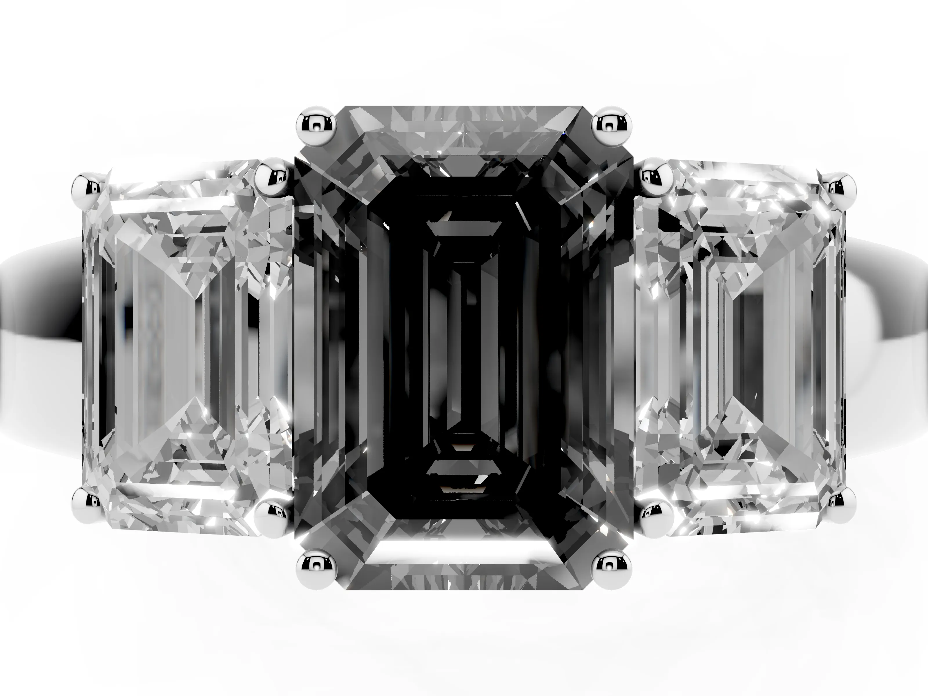 Fancy Black Three-Stone Emerald Cut Diamond Ring Set in Platinum with Matching Prong Settings and Plain Band