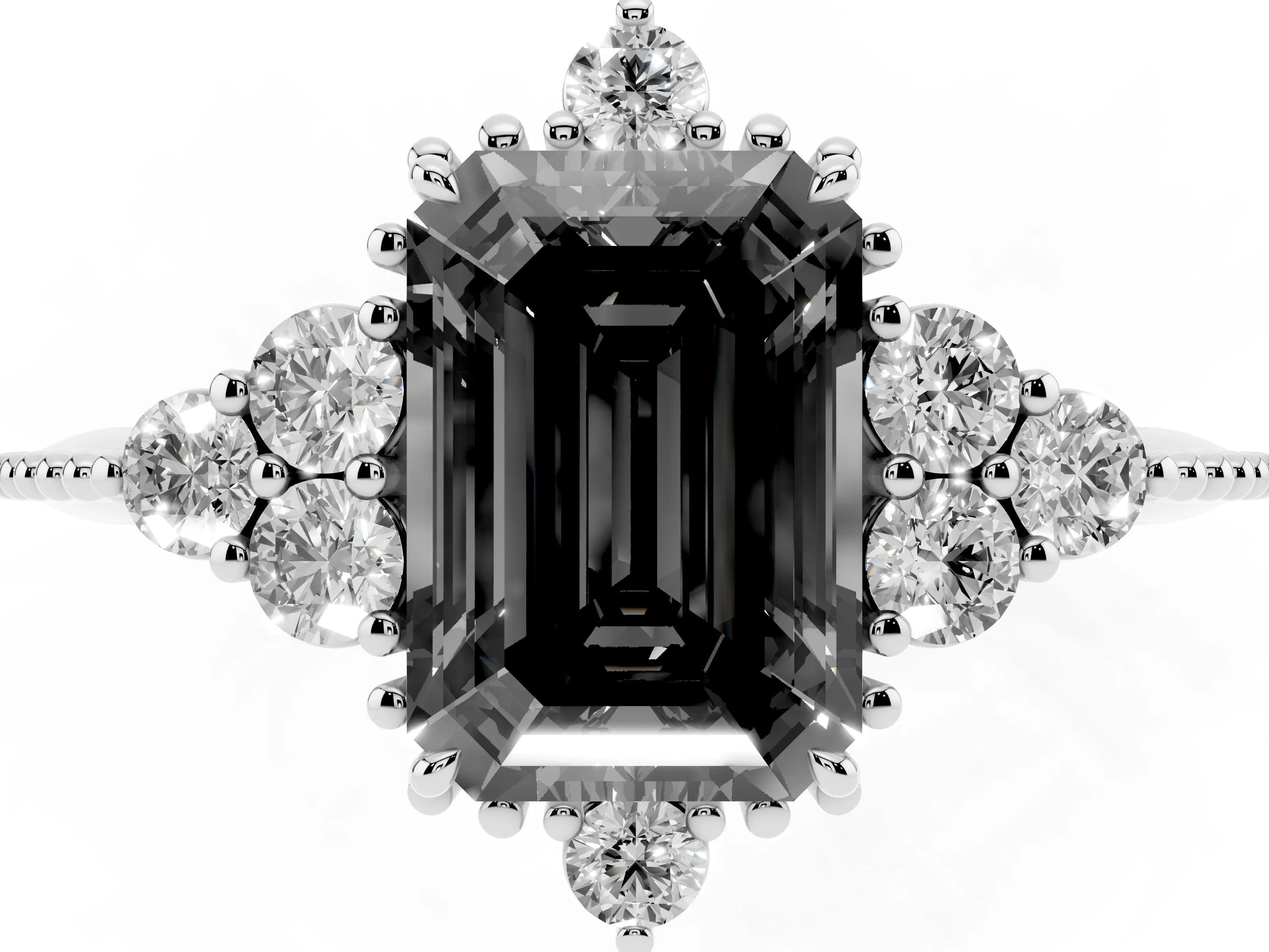 Fancy Black Emerald Cut Diamond Cluster Ring Set in Platinum with Beaded Band