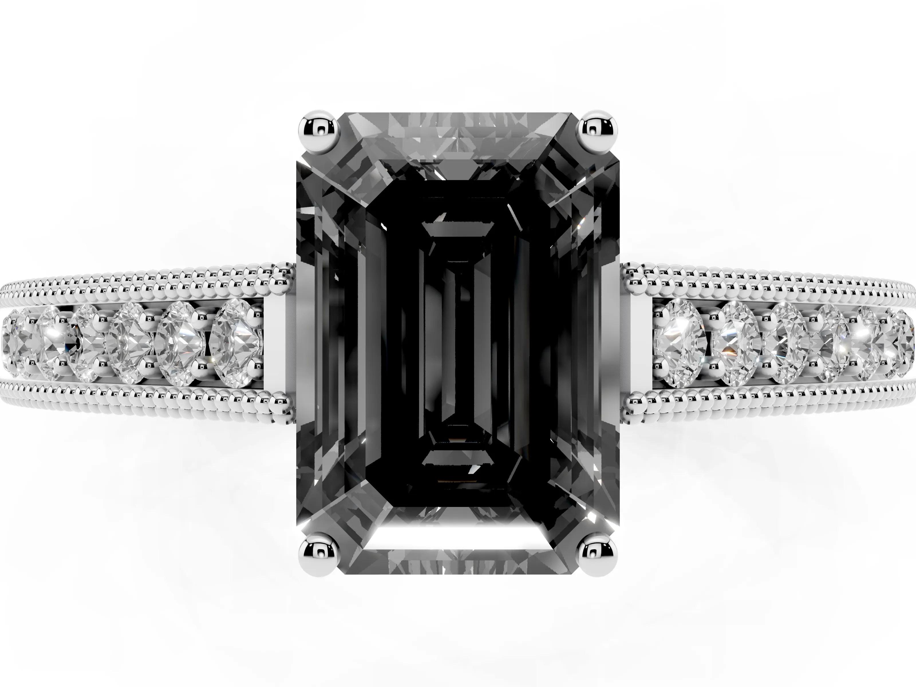 Fancy Black Emerald Cut Diamond Milgrain Pavé Band Solitaire Ring Set in Platinum with Prong Setting