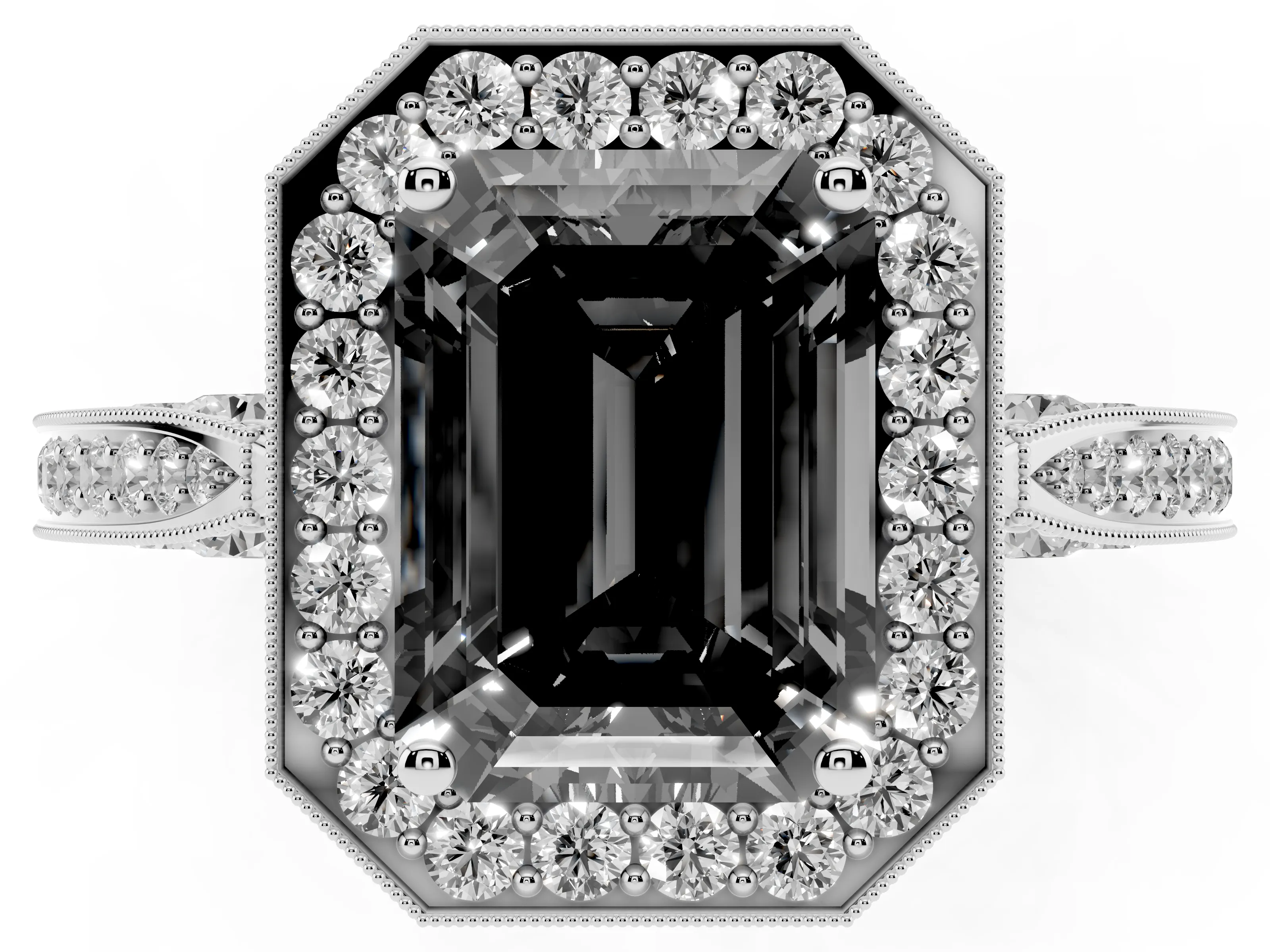 Fancy Black Emerald Cut Diamond Halo Engagement Ring Set in Platinum with Accent Split Shank Band