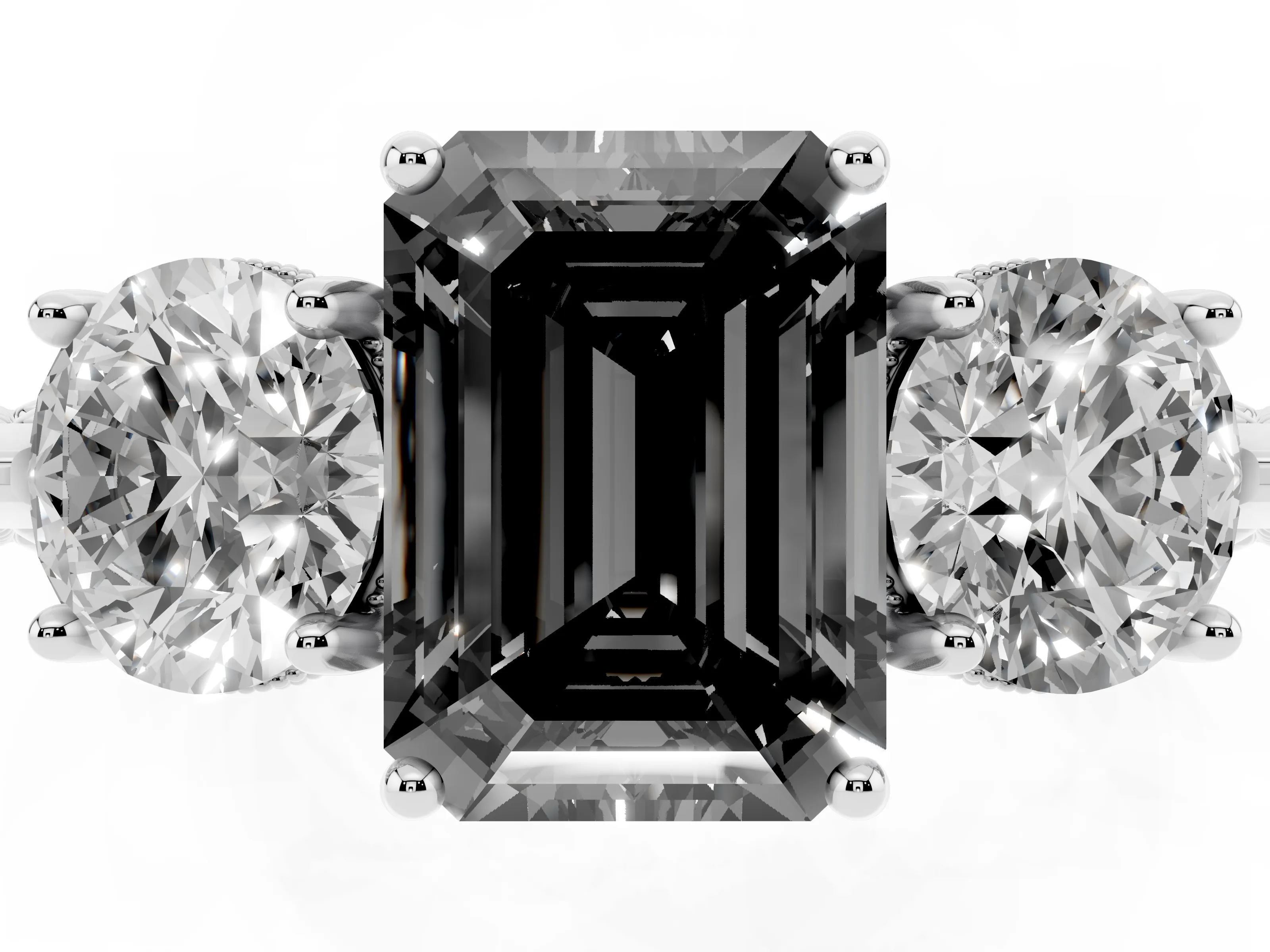 Fancy Black Emerald Cut Diamond Three-Stone Ring Set in Silver with Milgrain Band