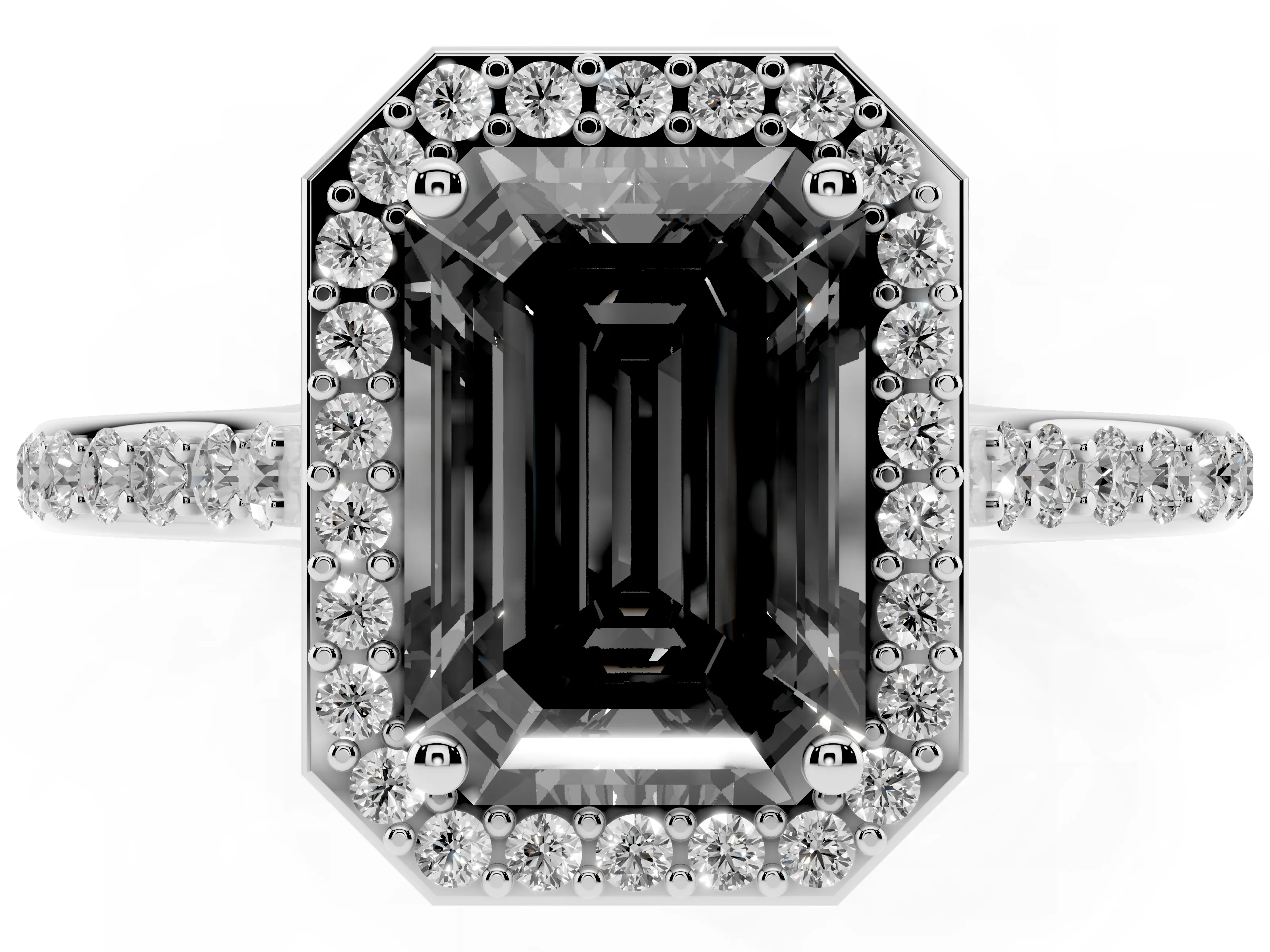Fancy Black Emerald Cut Diamond Halo Engagement Ring Set in Silver with Round Pavé Shoulders and Heart Gallery