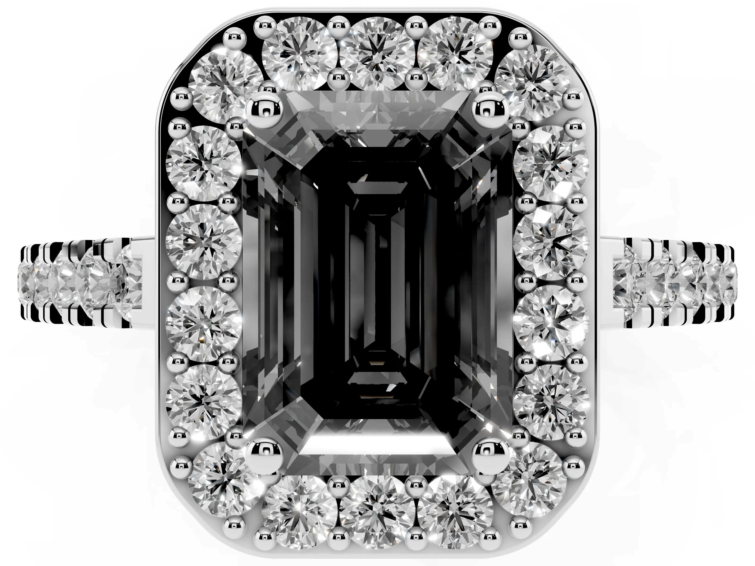 Fancy Black Emerald Cut Diamond Halo Ring Set in Silver with Round Pavé Split Shank and Prong Setting