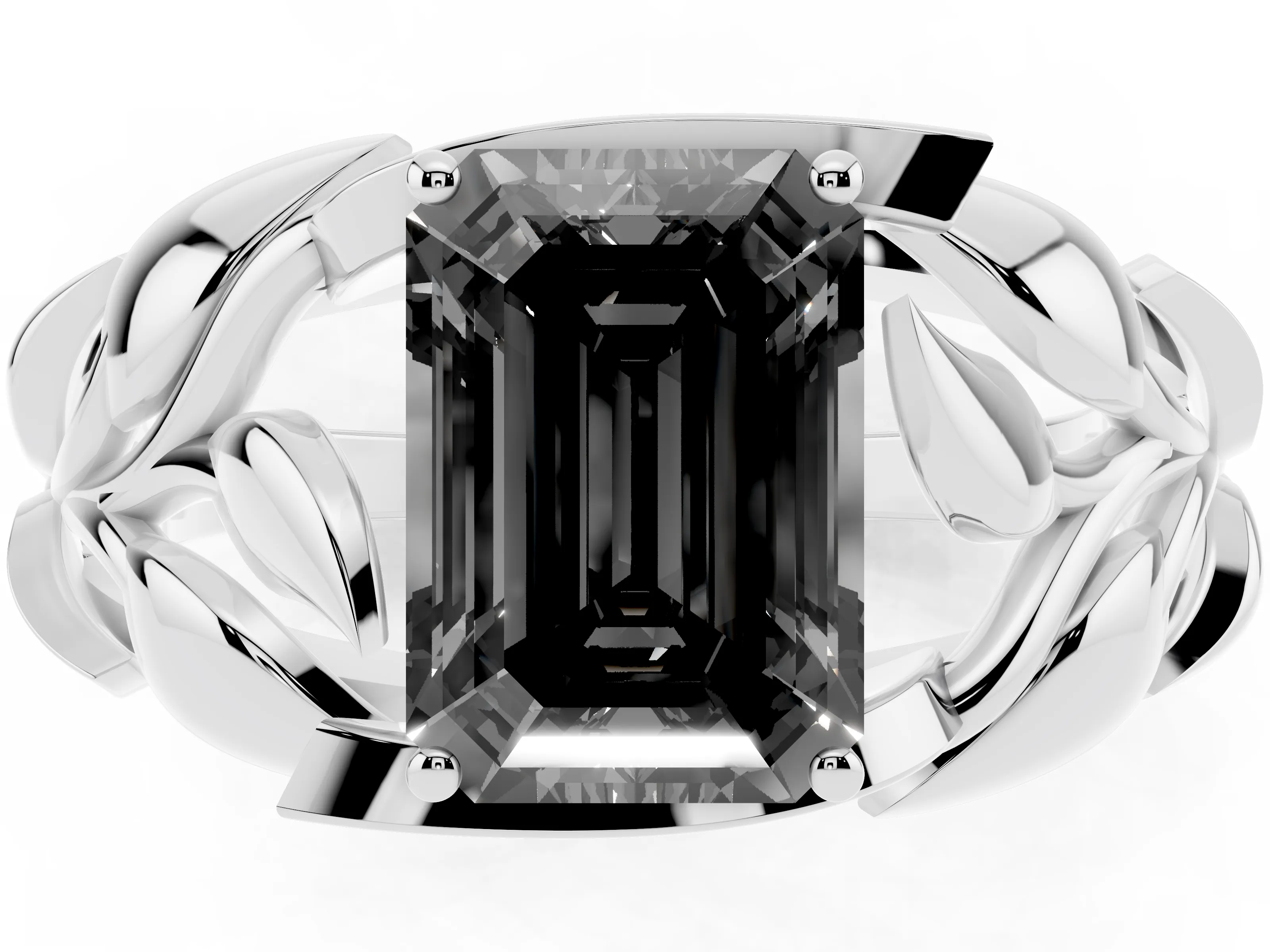 Fancy Black Emerald Cut Diamond Leaf-Inspired Engagement Ring Set in Silver with Round Accents