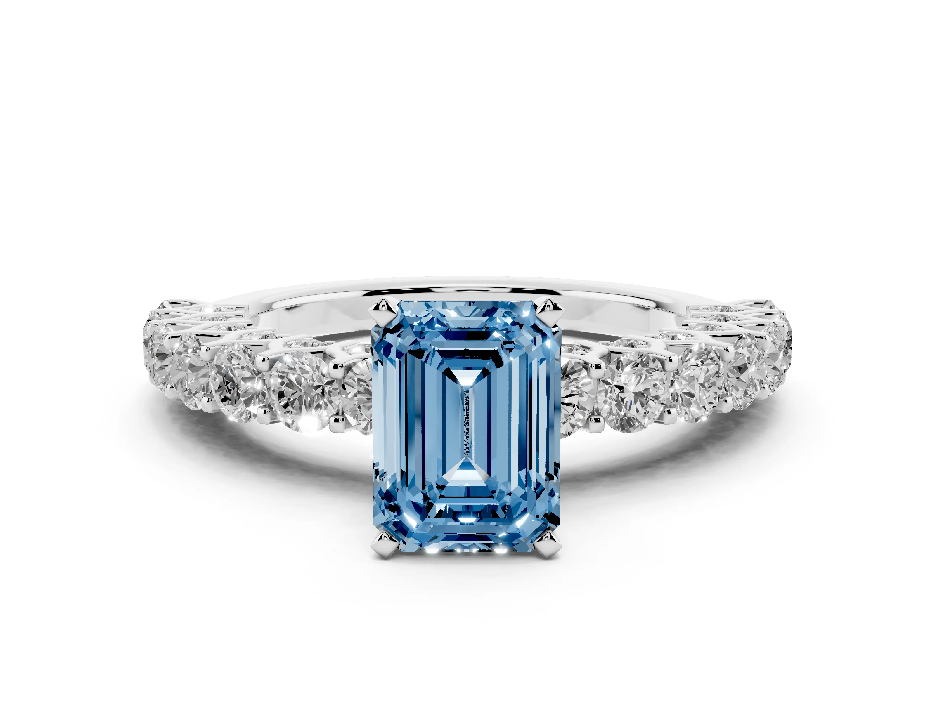 Fancy Blue Emerald Cut Diamond Solitaire Ring Set in Silver with Shared Prong Pavé Band