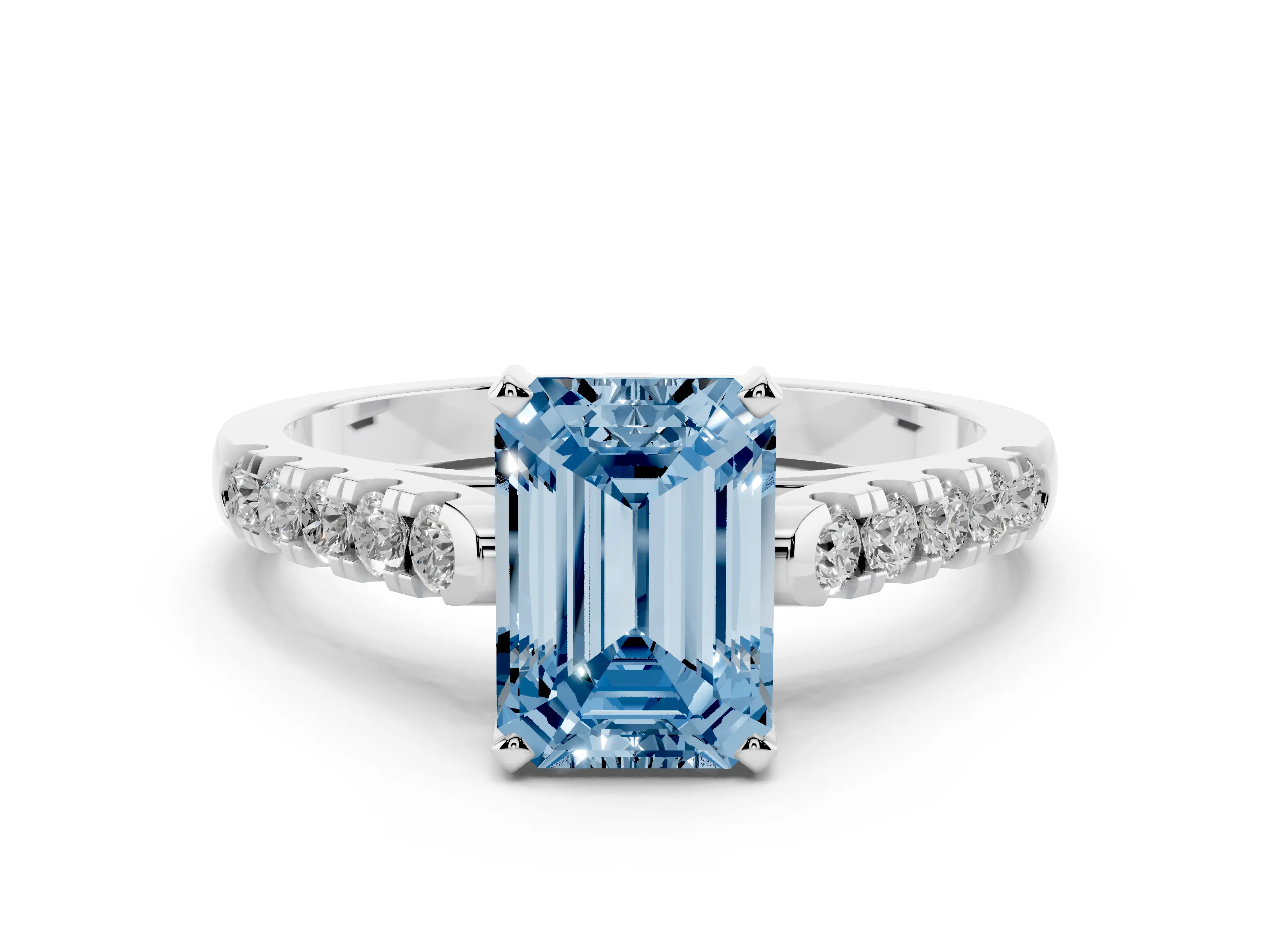 Fancy Blue Emerald Cut Diamond Pavé Band Solitaire Ring Set in Platinum with Partway Accent Stones and Prong Setting