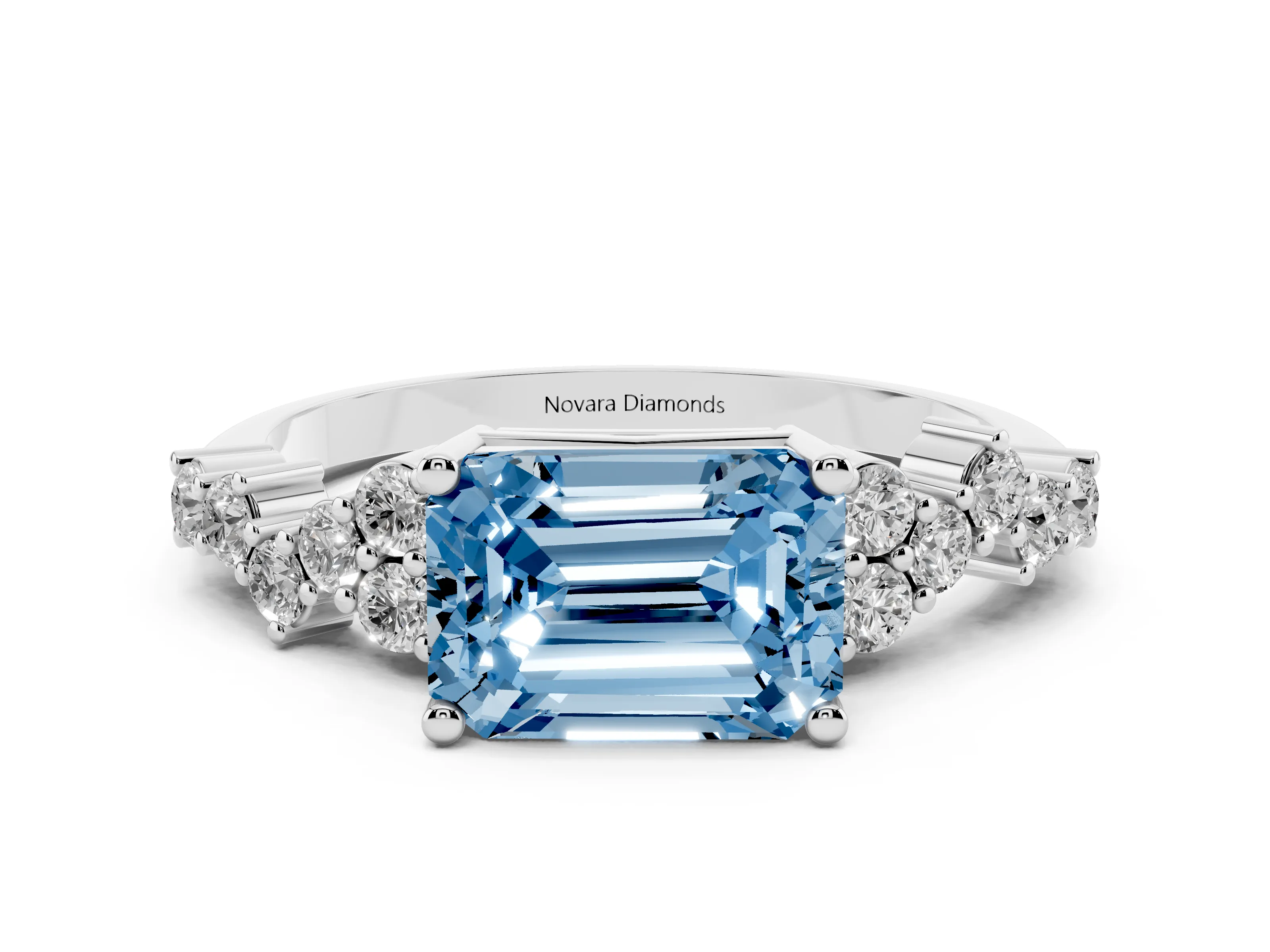 Fancy Blue Emerald Cut Diamond Ring Set in Platinum with Scattered Round Accents