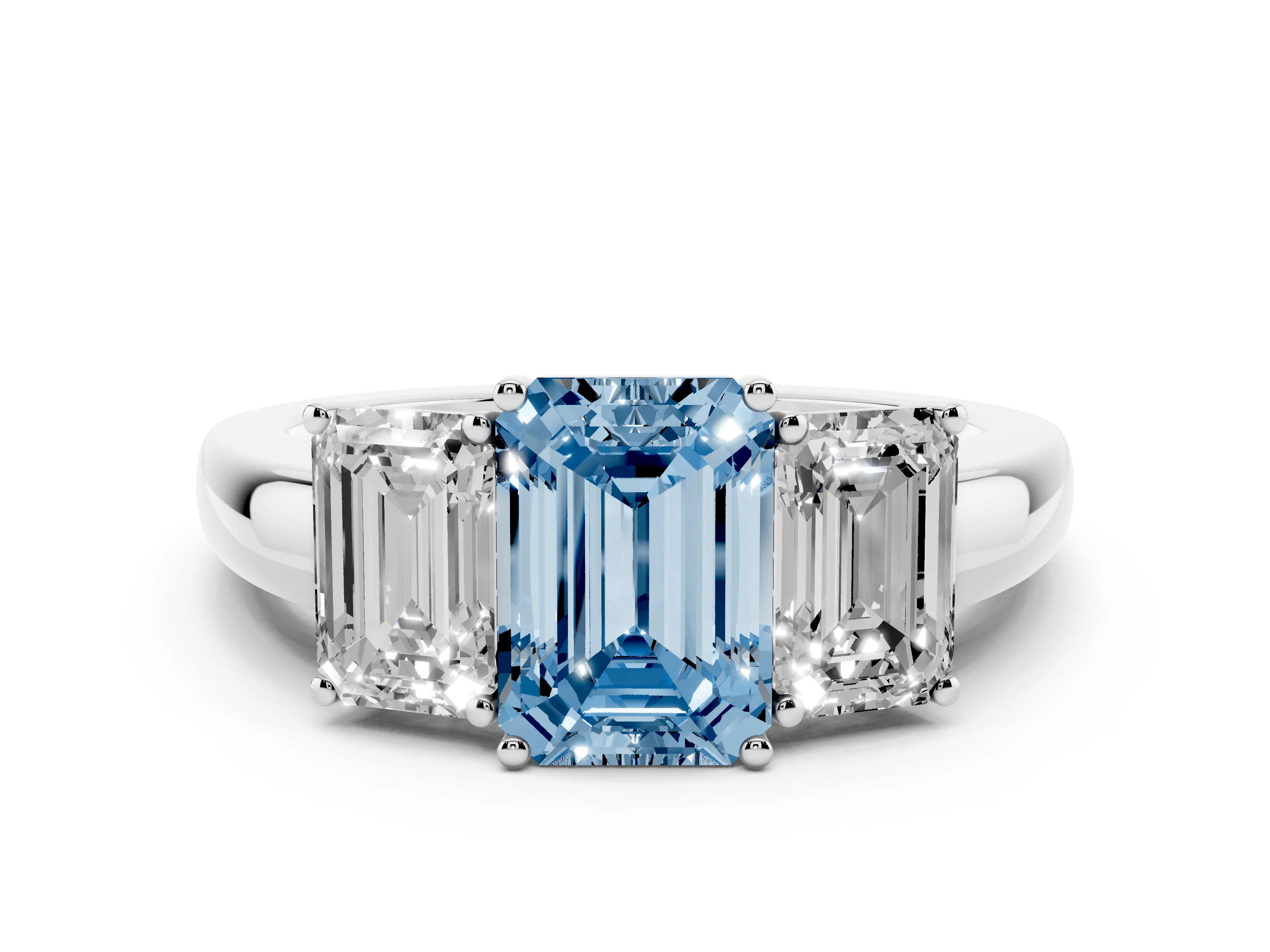 Fancy Blue Emerald Cut Diamond Three-Stone Ring Set in Silver with Bold Center and Classic Band
