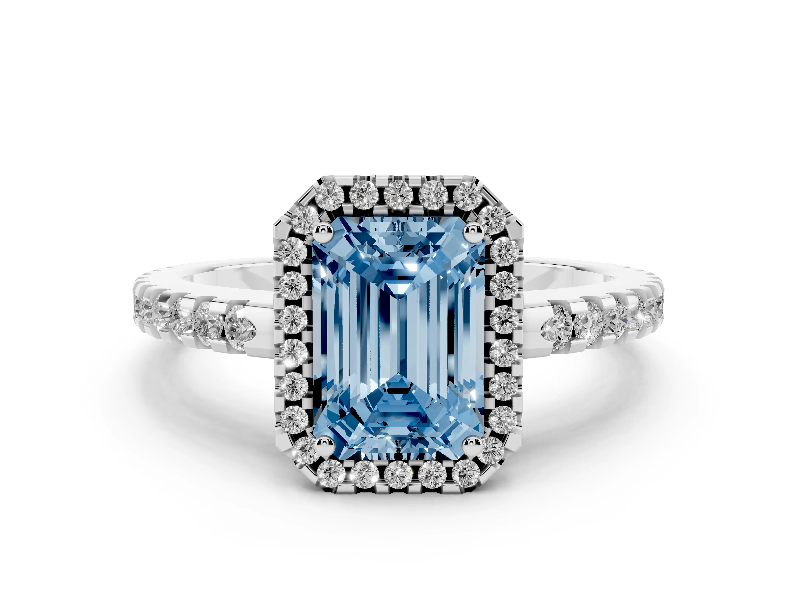 Fancy Blue Emerald Cut Diamond Halo Ring Set in Silver with Pavé Shoulders and Halo-Framed Center