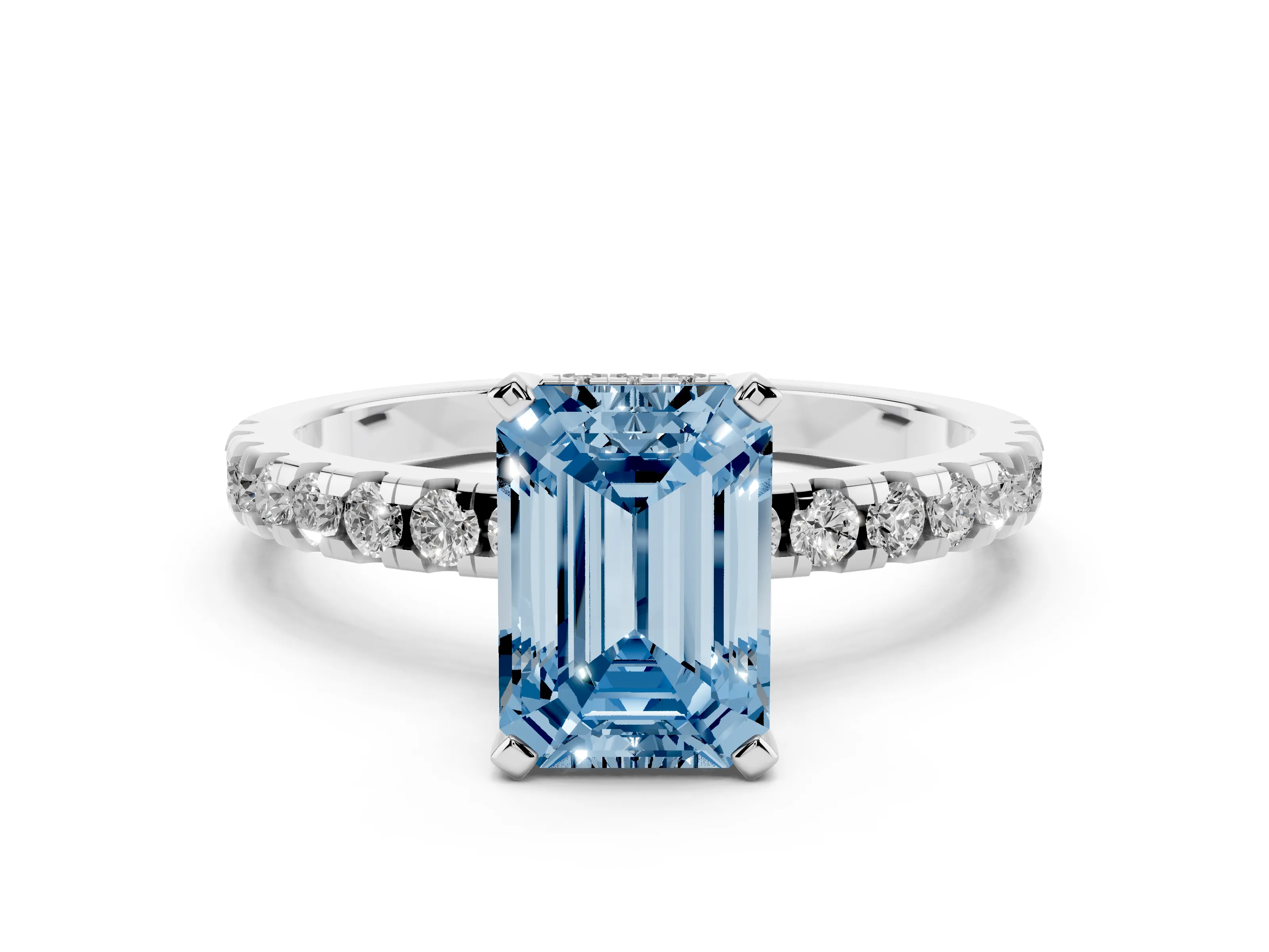 Fancy Blue Emerald Cut Diamond Pavé Solitaire Ring Set in Platinum with Round Band Accents and Prong Setting