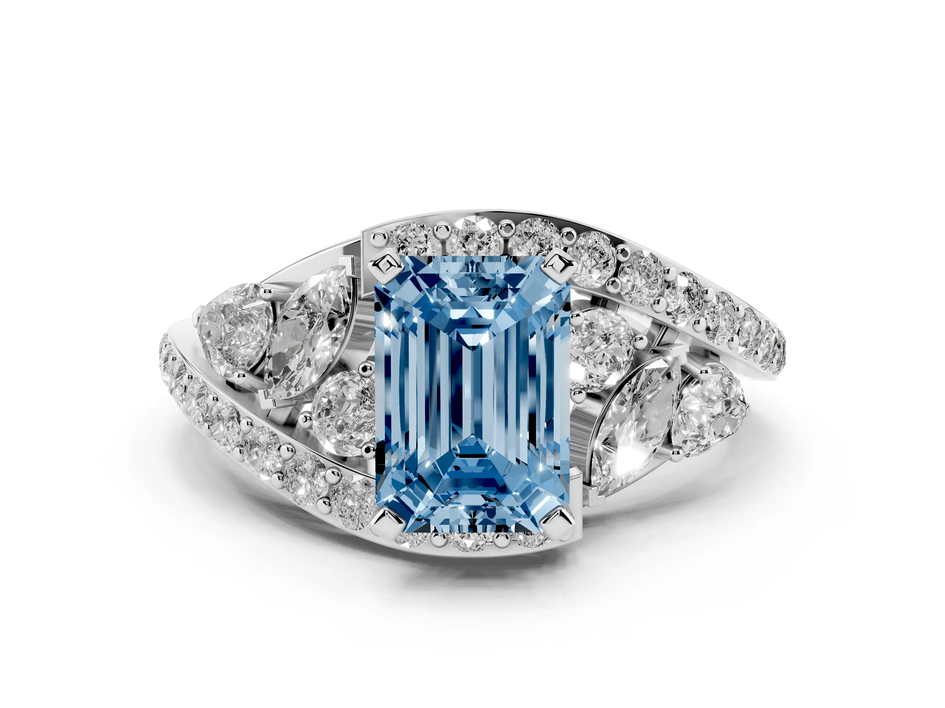 Fancy Blue Emerald Cut Diamond Halo Ring Set in Silver with Marquise and Pavé Band in Prong Setting