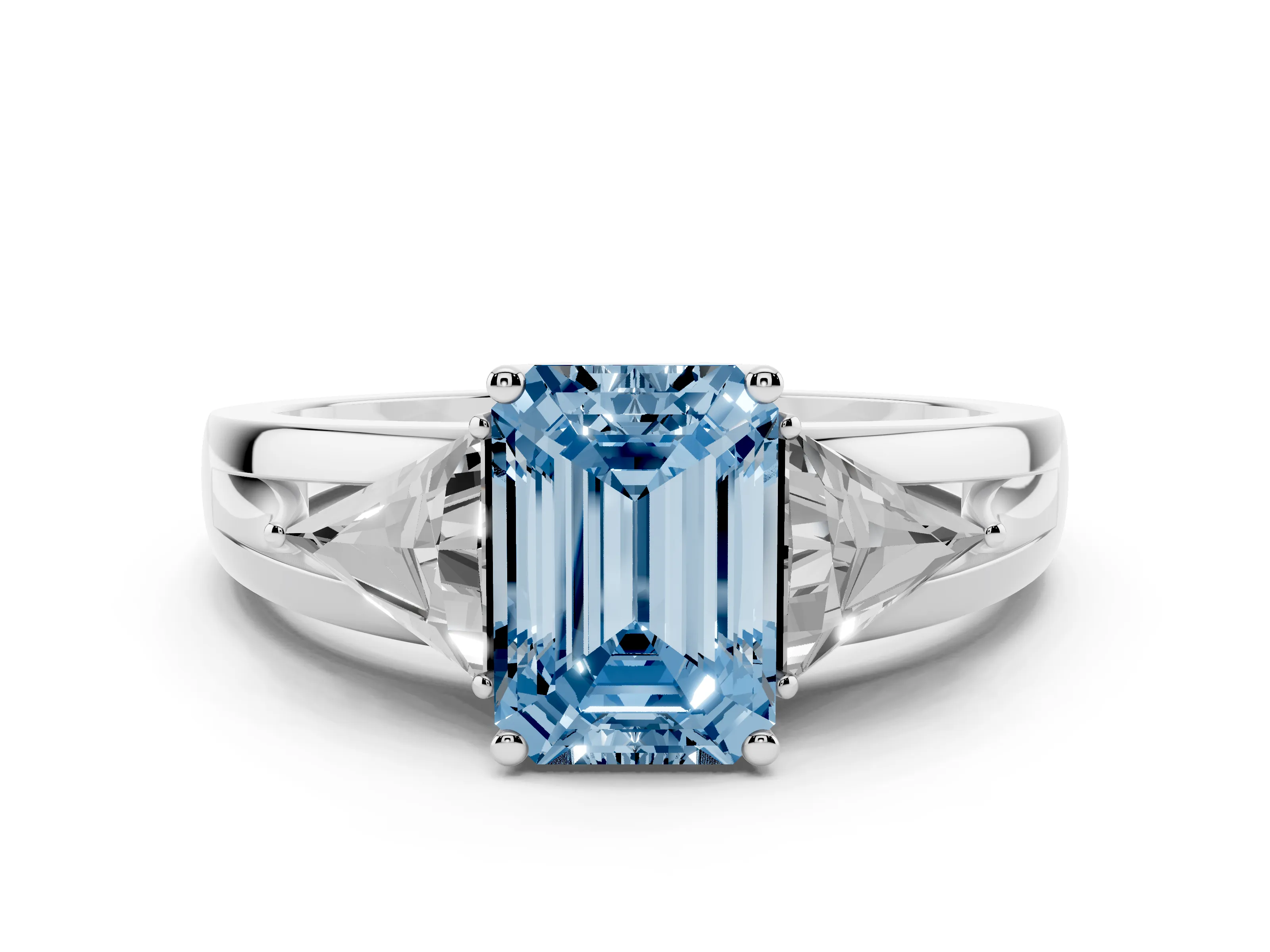 Fancy Blue Emerald Cut Diamond Three-Stone Ring Set in White gold with Trillion Side Stones and Split Shank