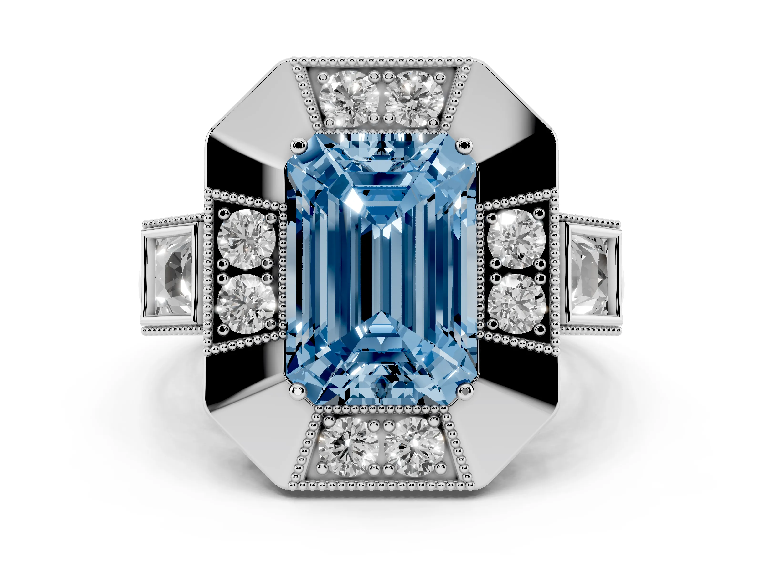 Fancy Blue Emerald Cut Diamond Milgrain Halo Ring Set in Platinum with Split Shank
