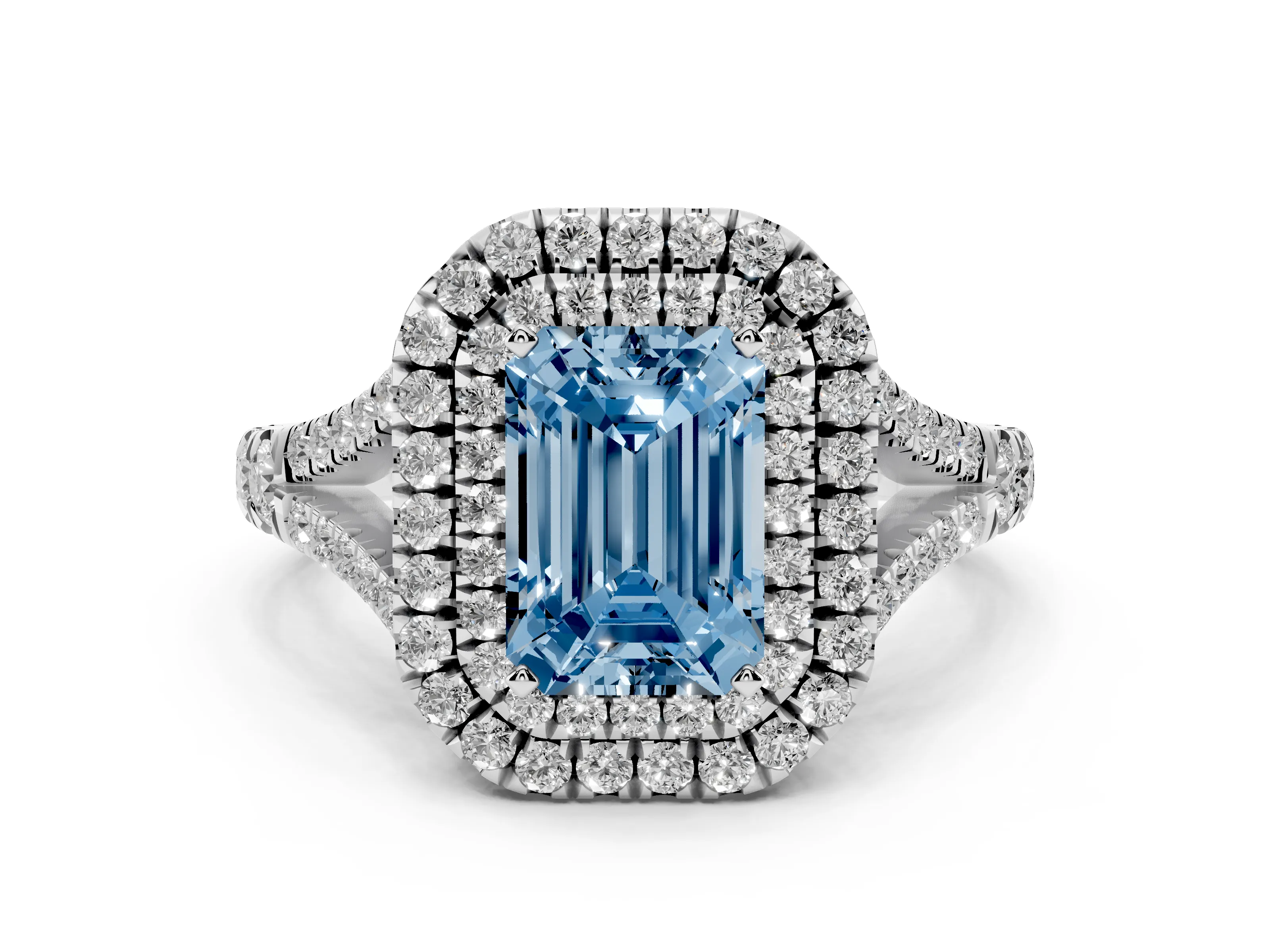 Fancy Blue Emerald Cut Diamond Pavé Split Shank Double Halo Engagement Ring Set in Platinum