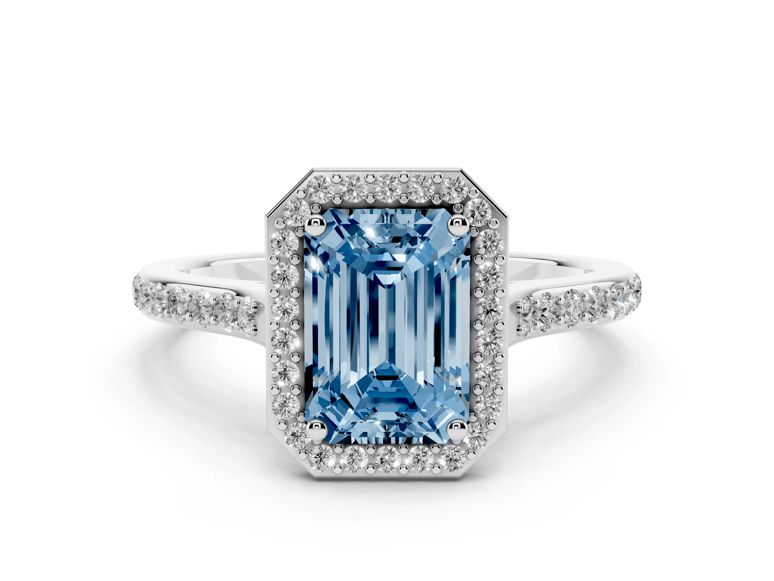 Fancy Blue Emerald Cut Diamond Halo Engagement Ring Set in Platinum with Round Pavé Shoulders and Heart Gallery