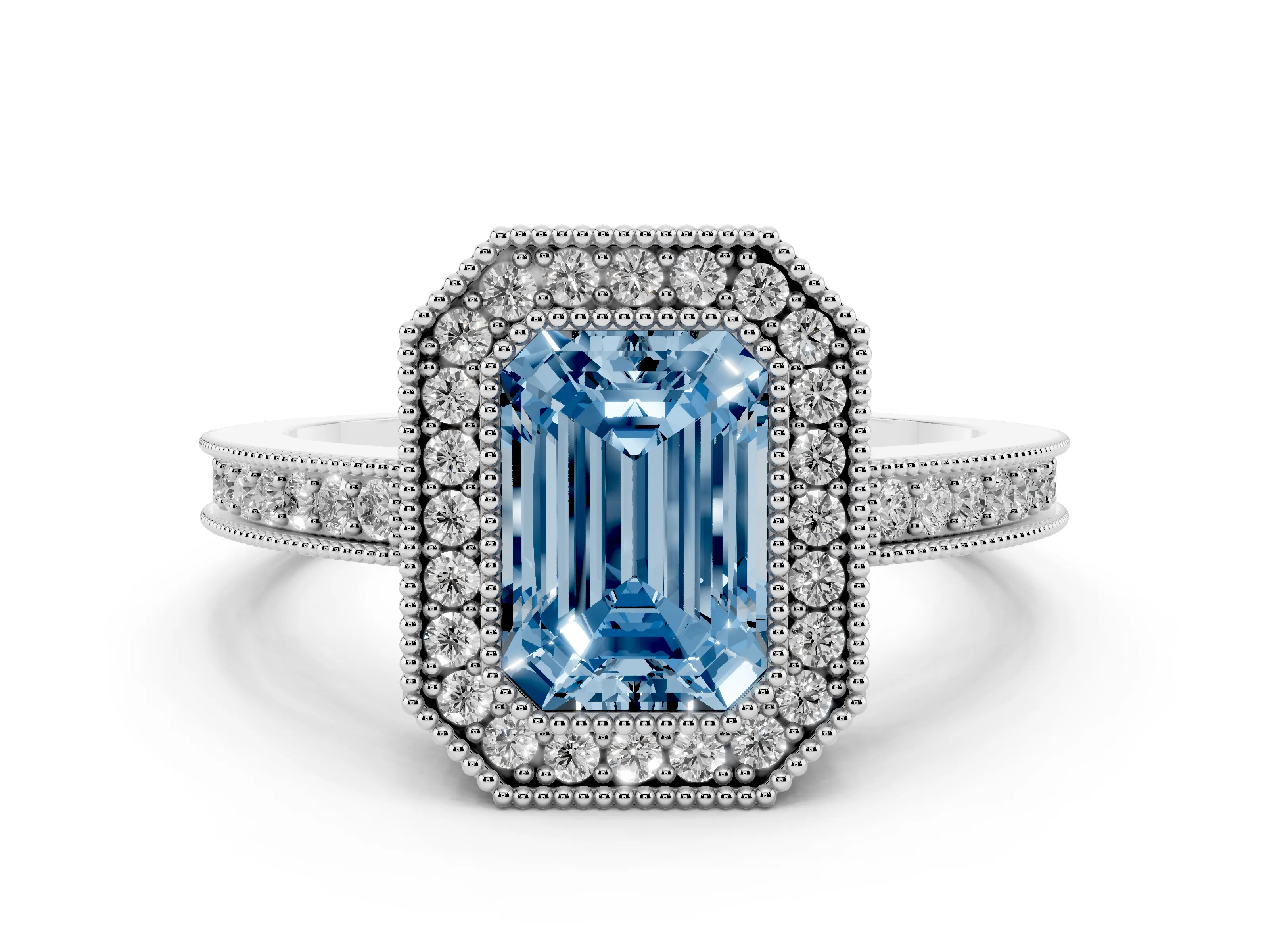 Fancy Blue Emerald Cut Diamond Round Halo Ring Set in Silver with Pavé Band