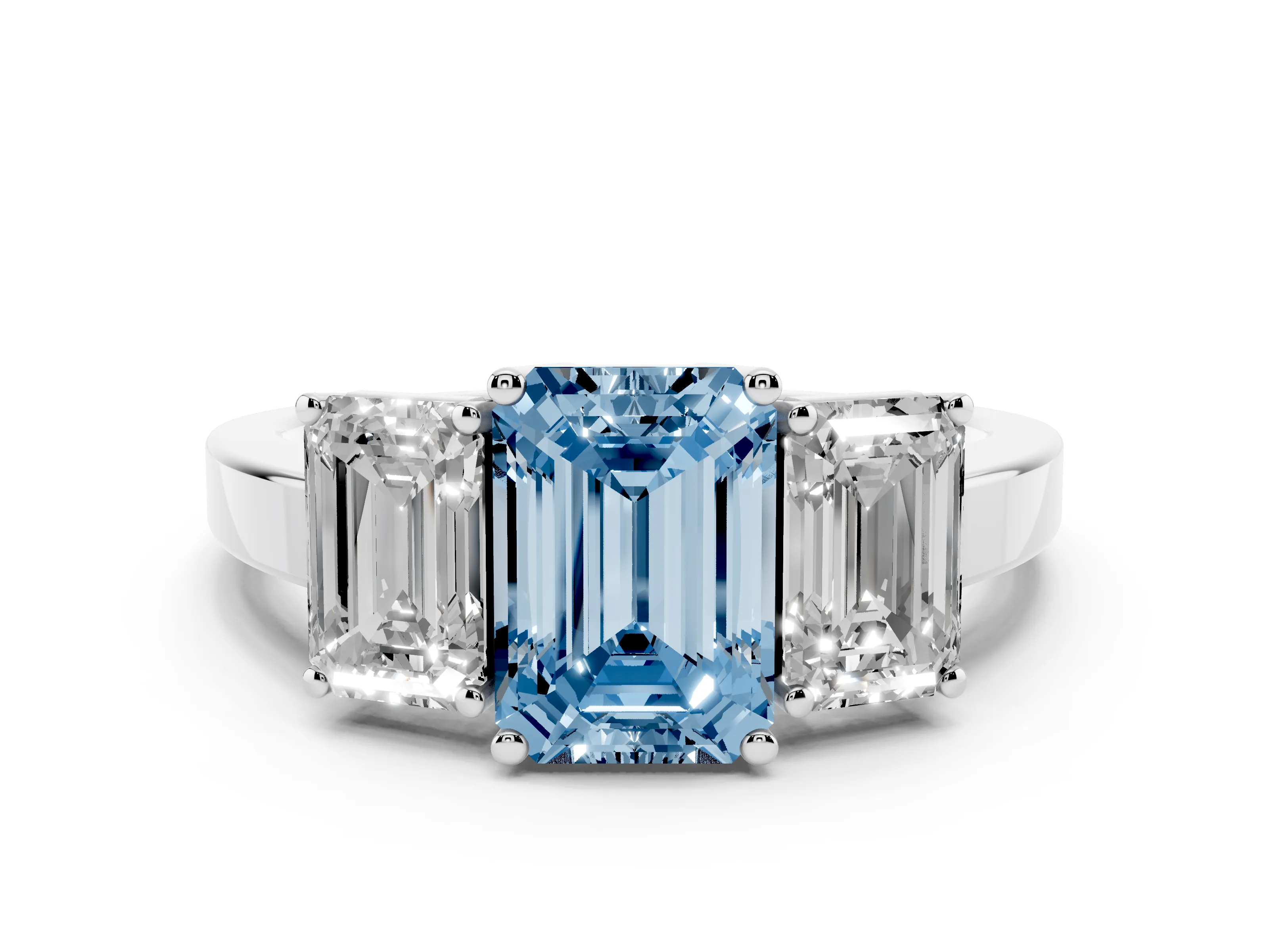 Fancy Blue Emerald Cut Diamond Three-Stone Engagement Ring Set in Silver with Flat Band