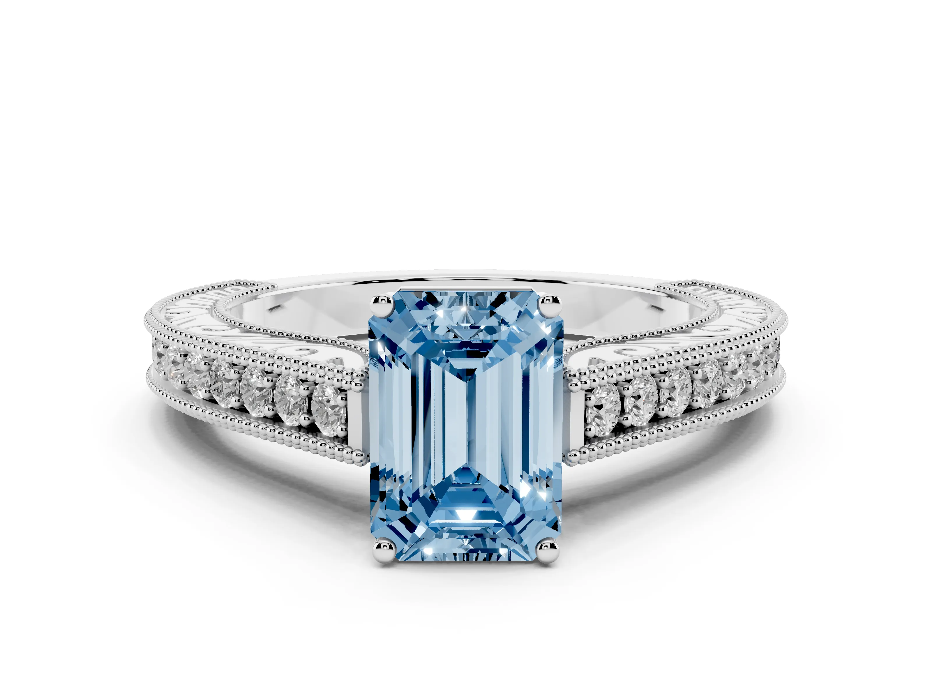 Fancy Blue Emerald Cut Diamond Milgrain Pavé Band Solitaire Ring Set in White gold with Prong Setting