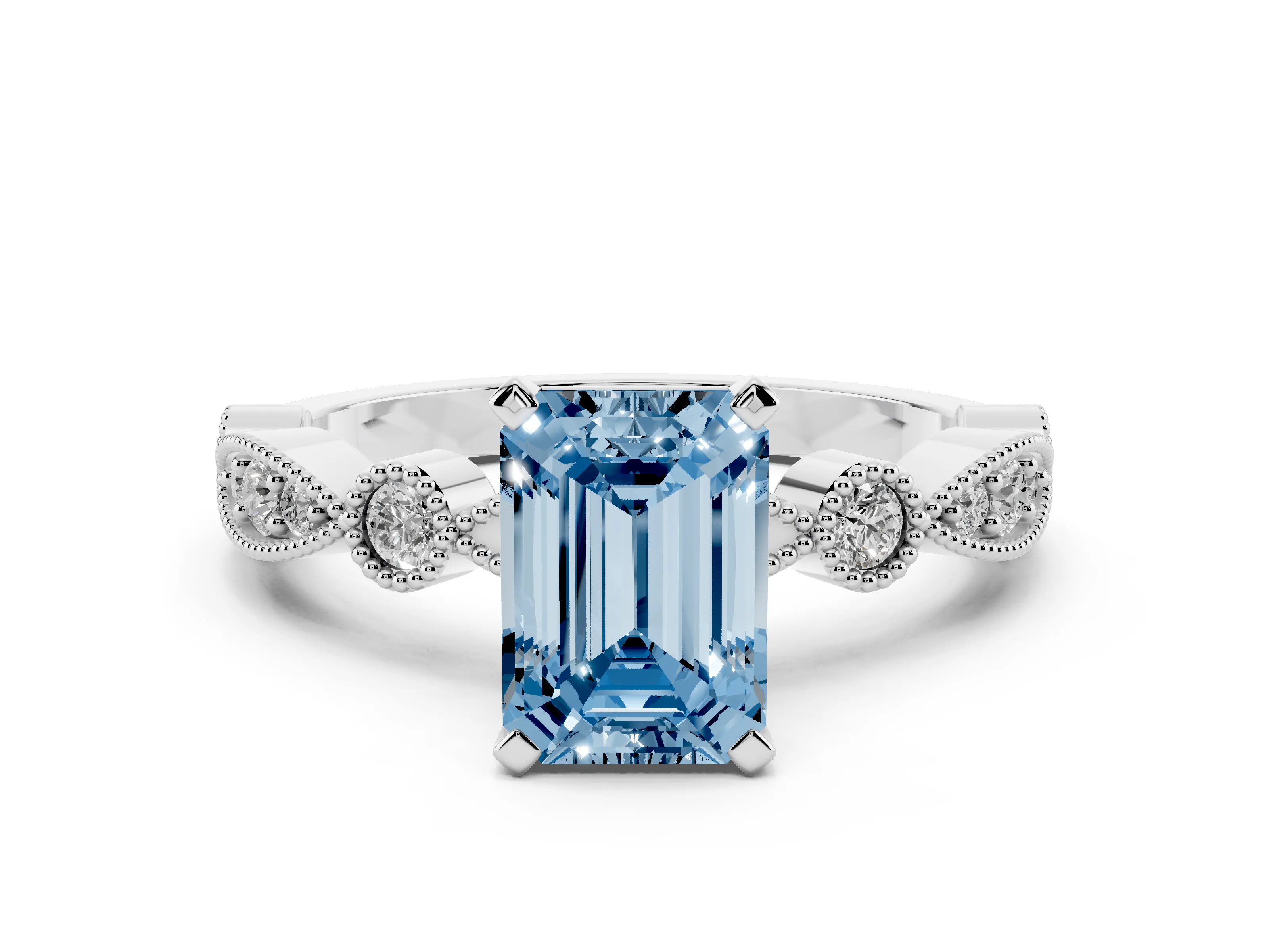 Fancy Blue Emerald Cut Diamond Solitaire Engagement Ring Set in White gold with Milgrain Bezel Accent Band