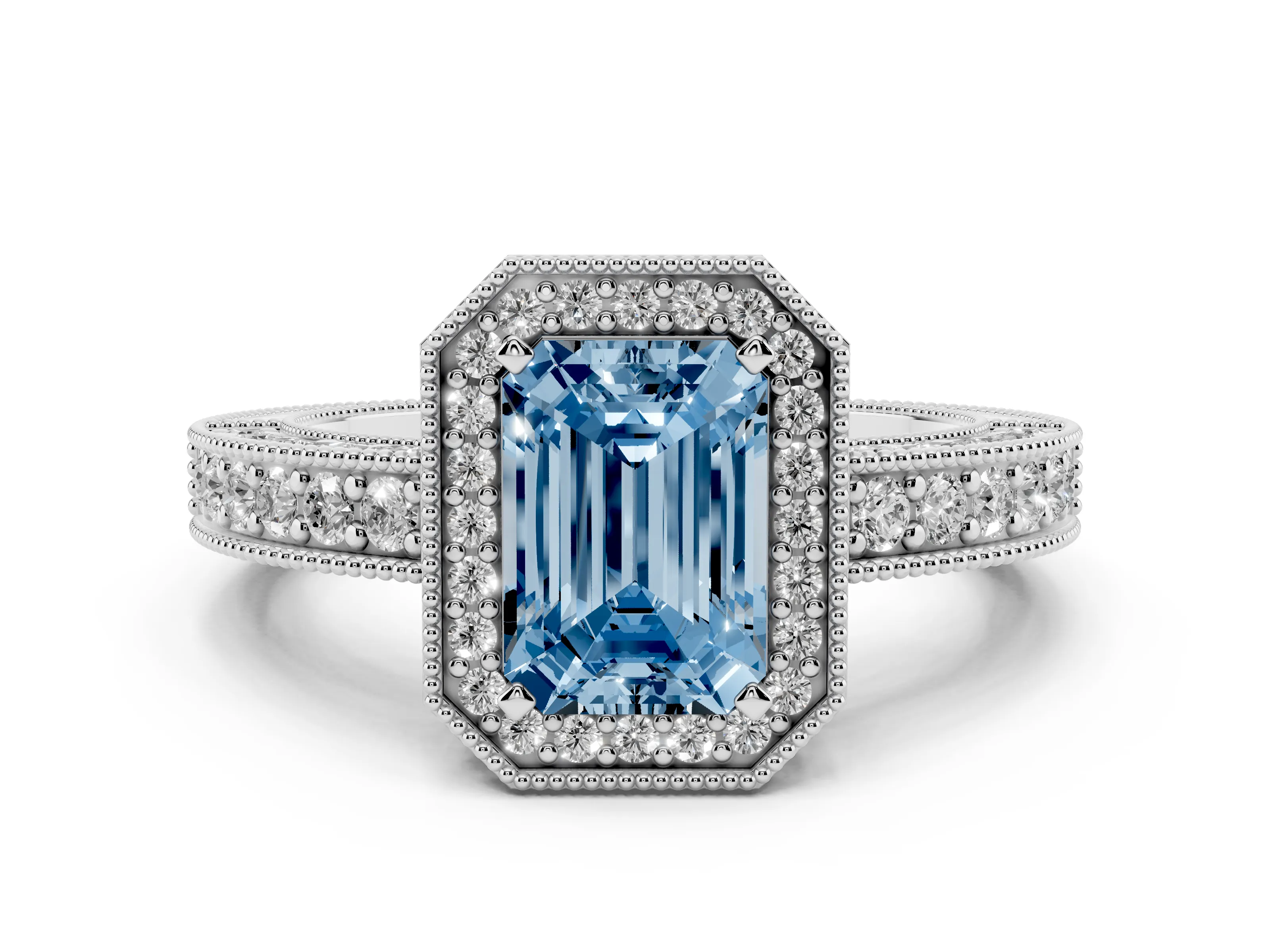 Fancy Blue Emerald Cut Diamond Halo Pavé Band Ring Set in Silver with Prong-Set Center