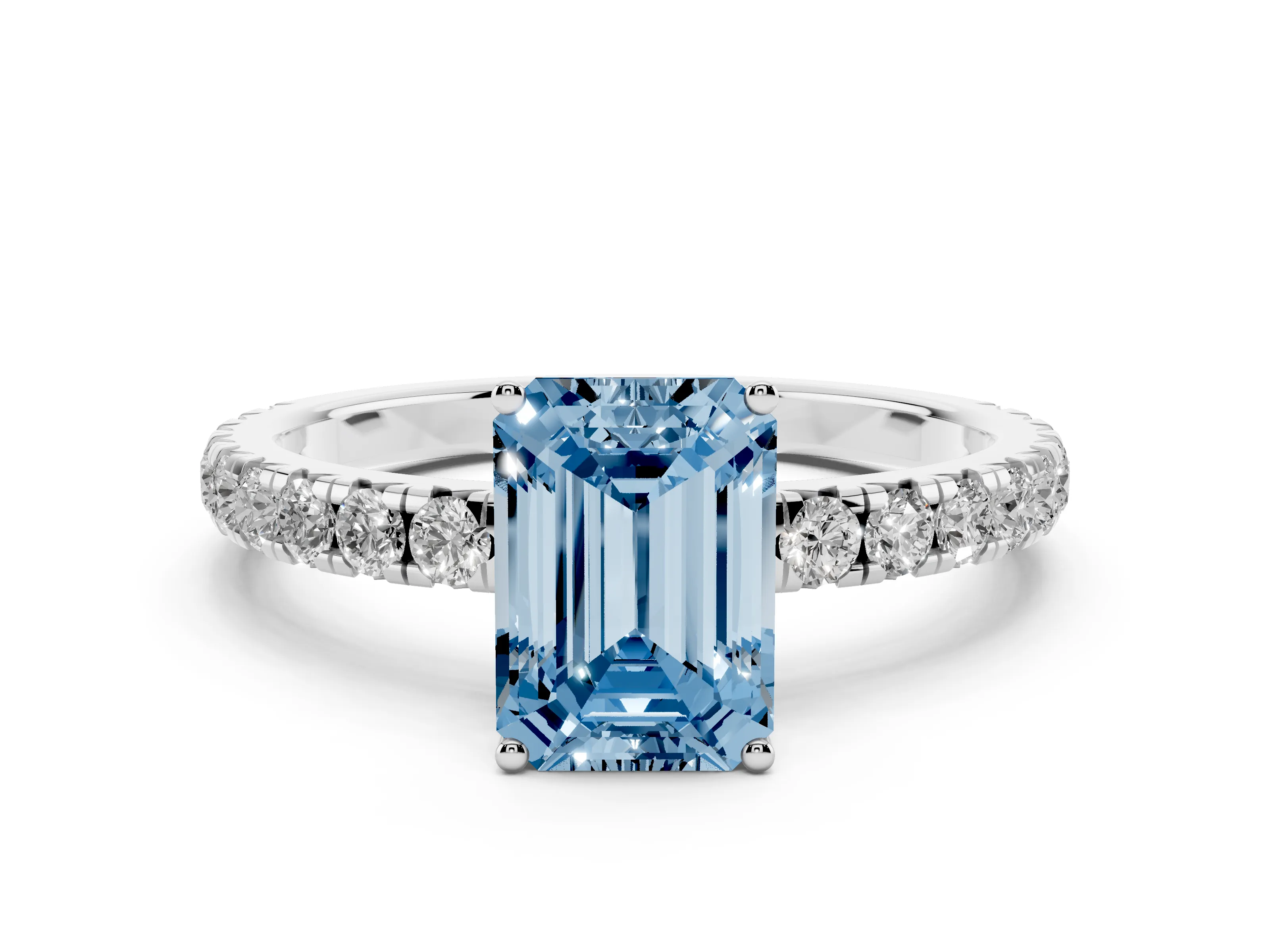 Fancy Blue Emerald Cut Diamond Pavé Solitaire Engagement Ring Set in Platinum with Prong Setting